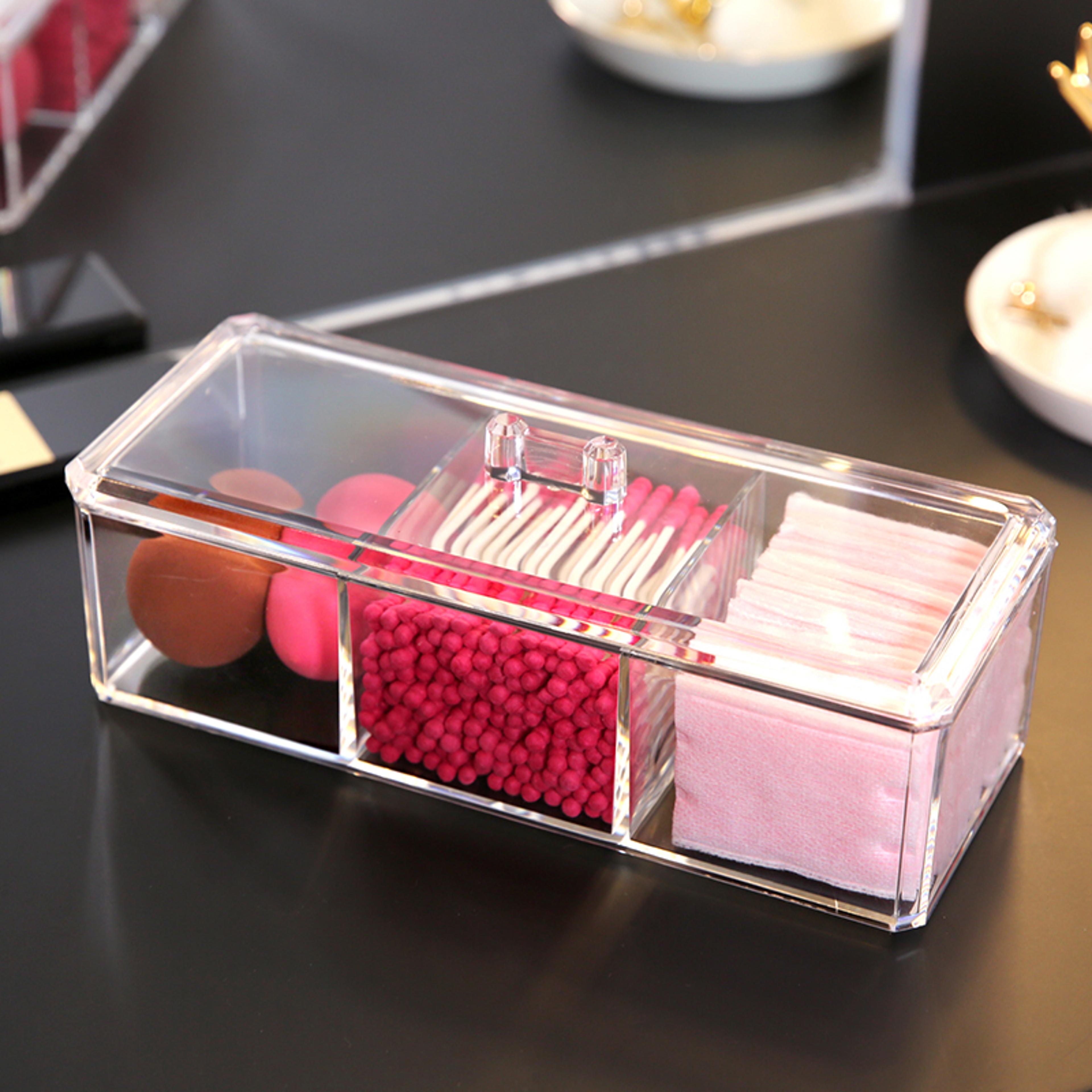 Clear Acrylic Makeup Organizer With Cotton Swab Holder And Cotton Pad Storage 3