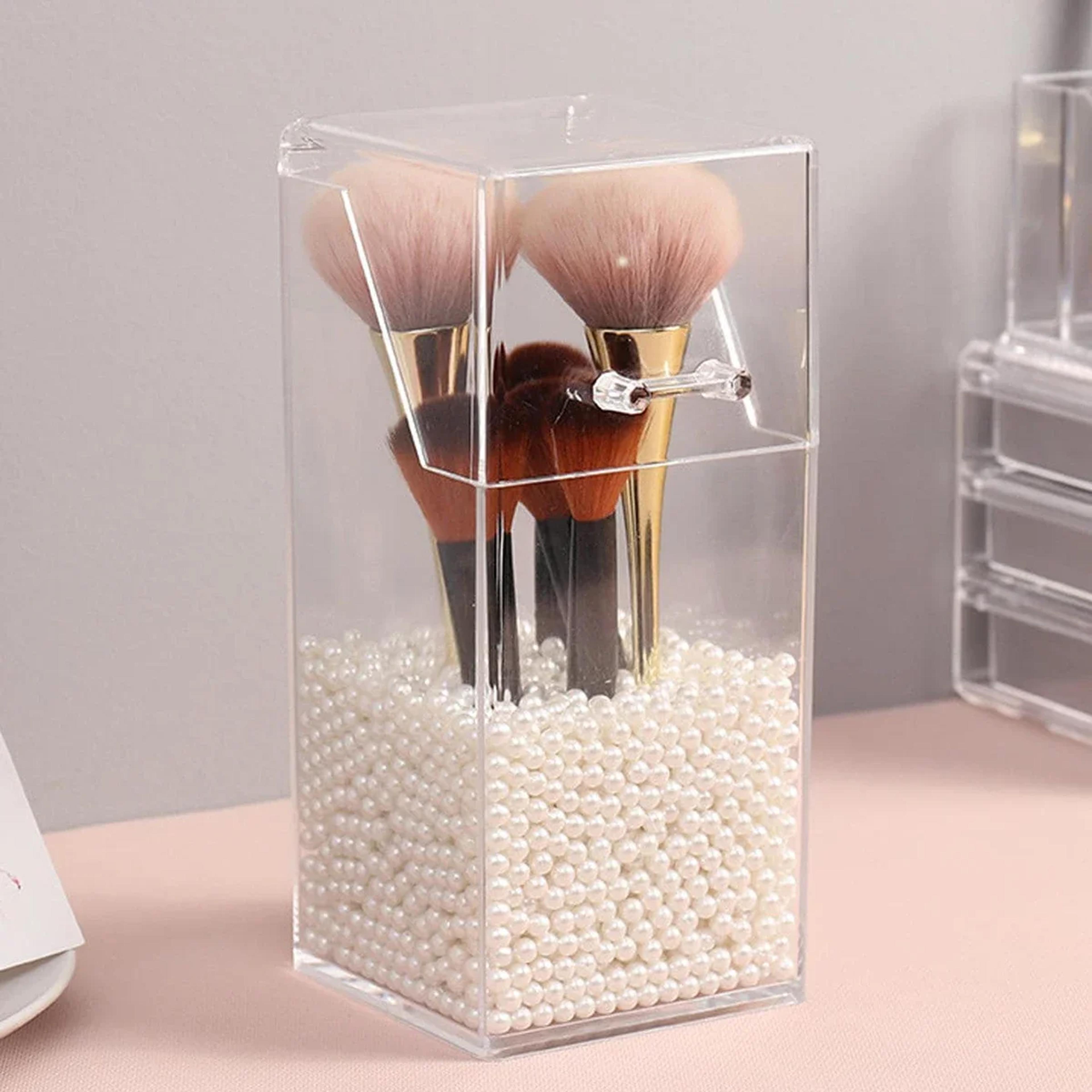 Dustproof Clear Acrylic Makeup Brush Organizer With Lid And Pearl Base 2