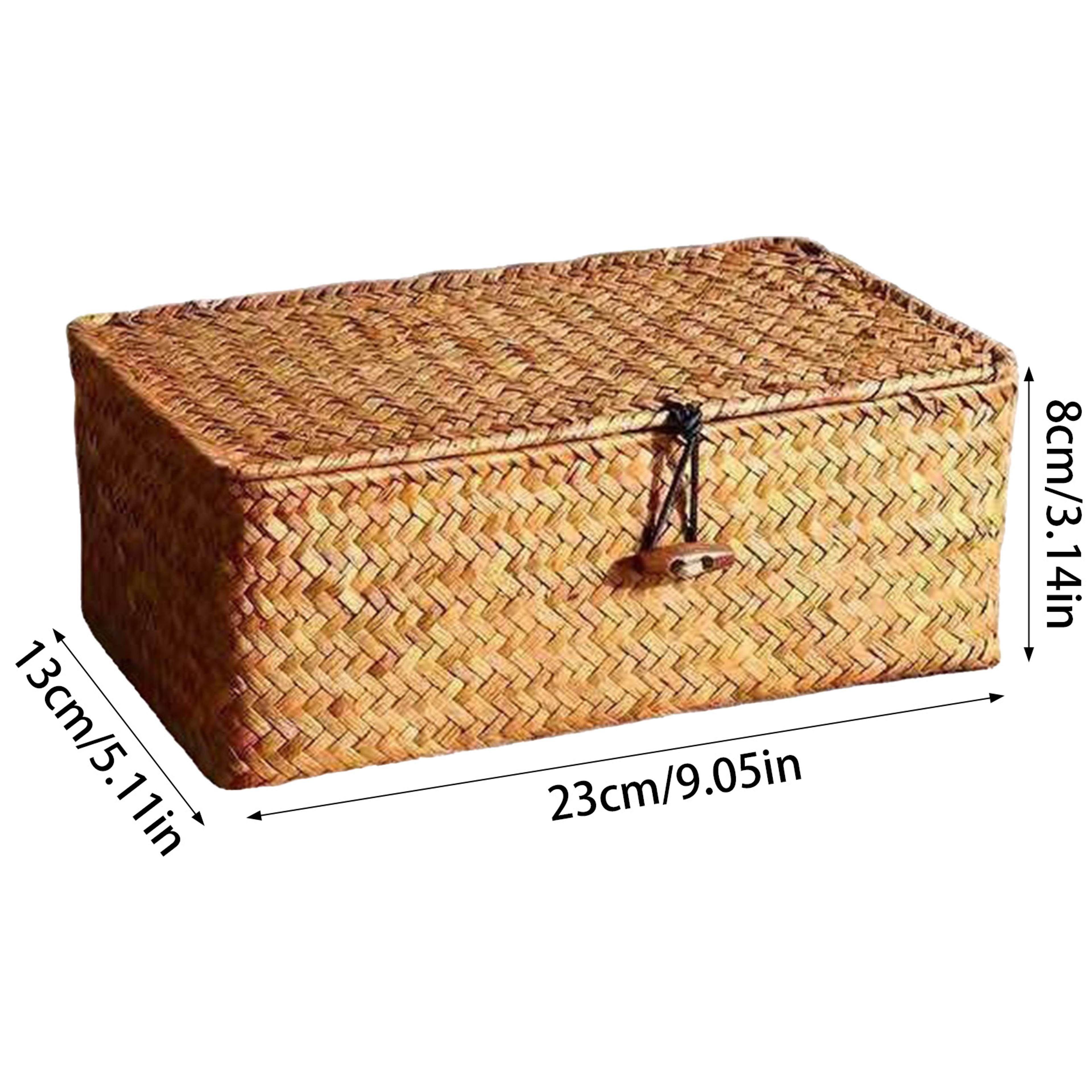 Hand Woven Straw Storage Box With Lid Decorative Rattan Desk Organizer 5