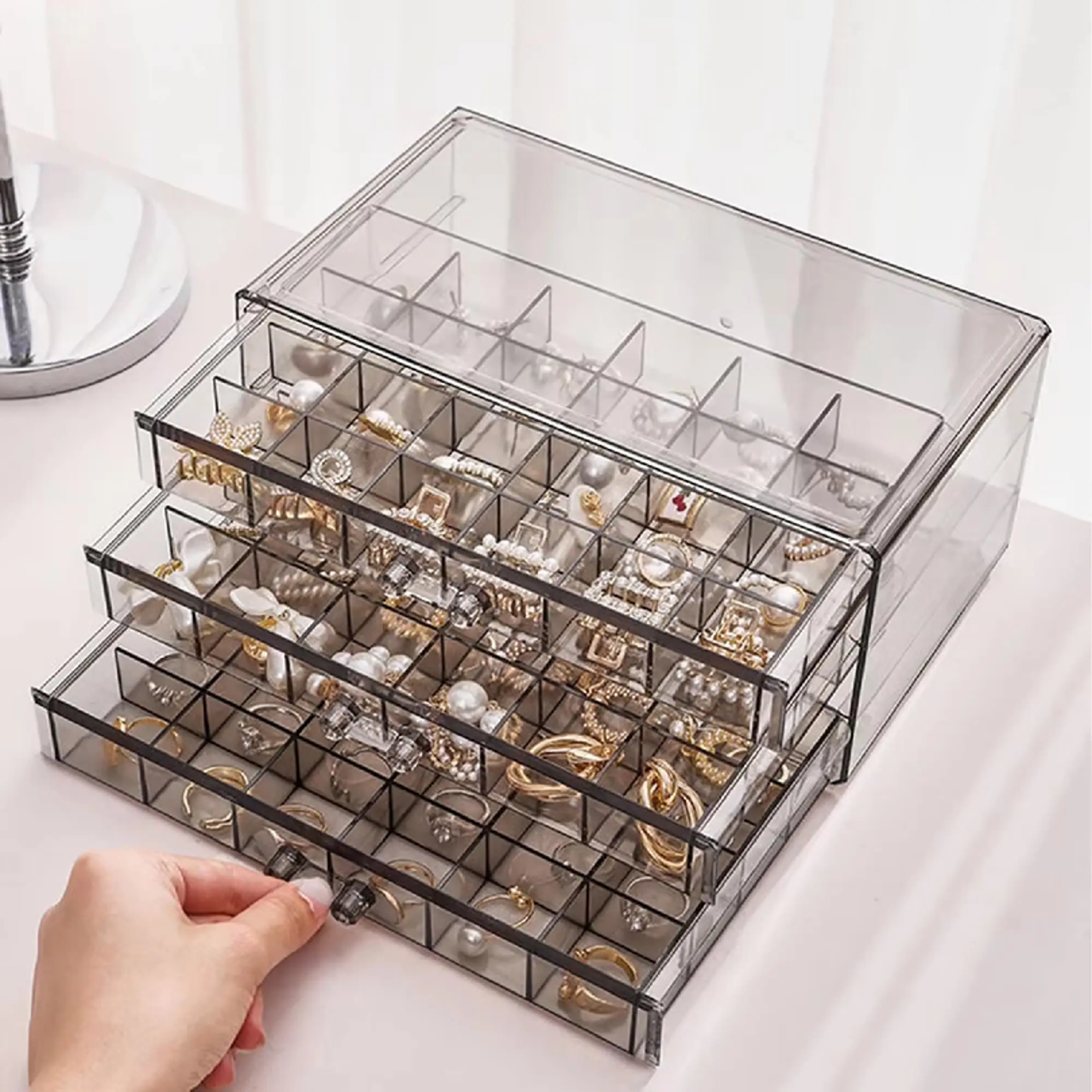 72 Grid Acrylic Jewelry Organizer With 3 Layer Earring Storage Drawers 1