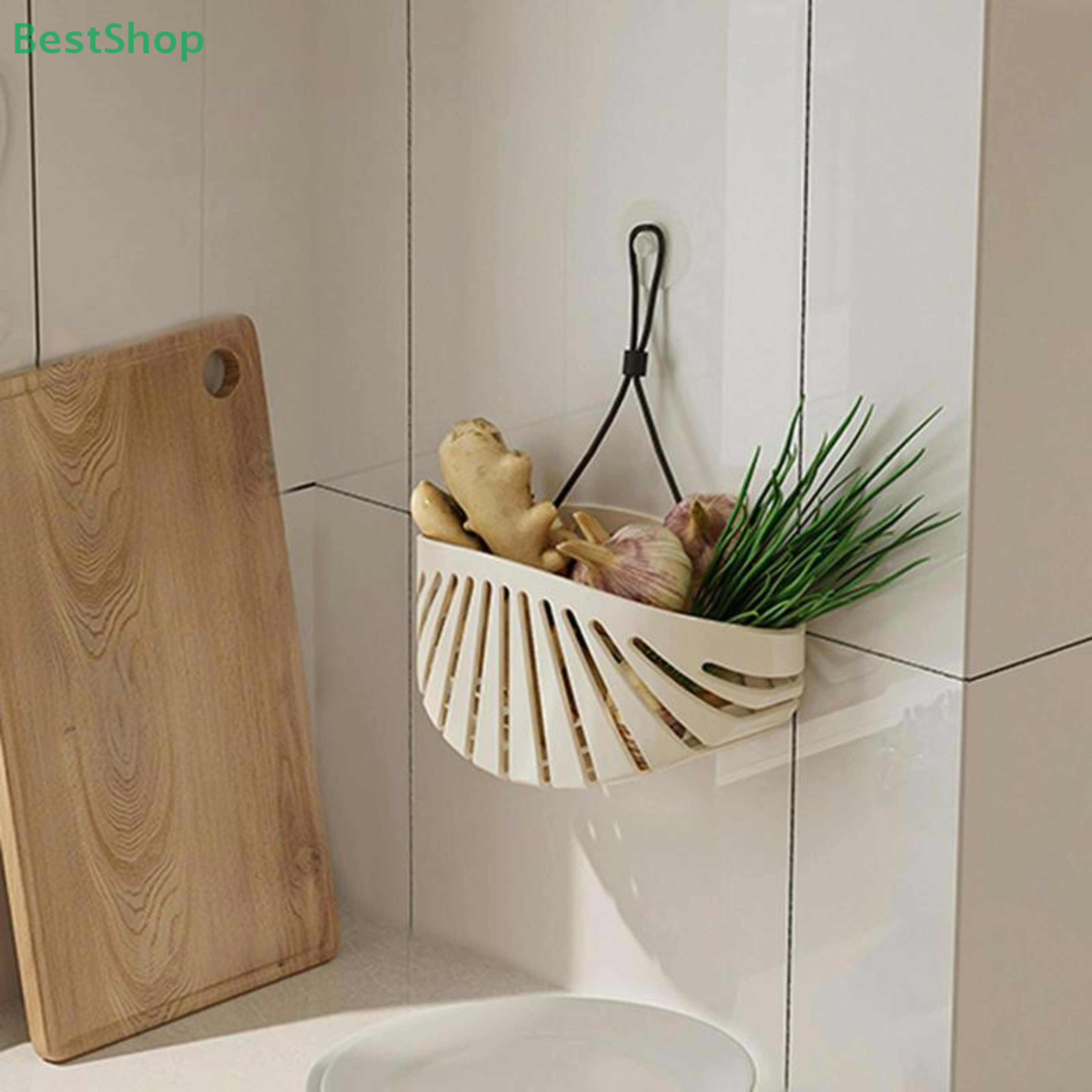 Cream Shell Sink Organizer With Faucet Drain Rack And Hanging Storage Basket 2