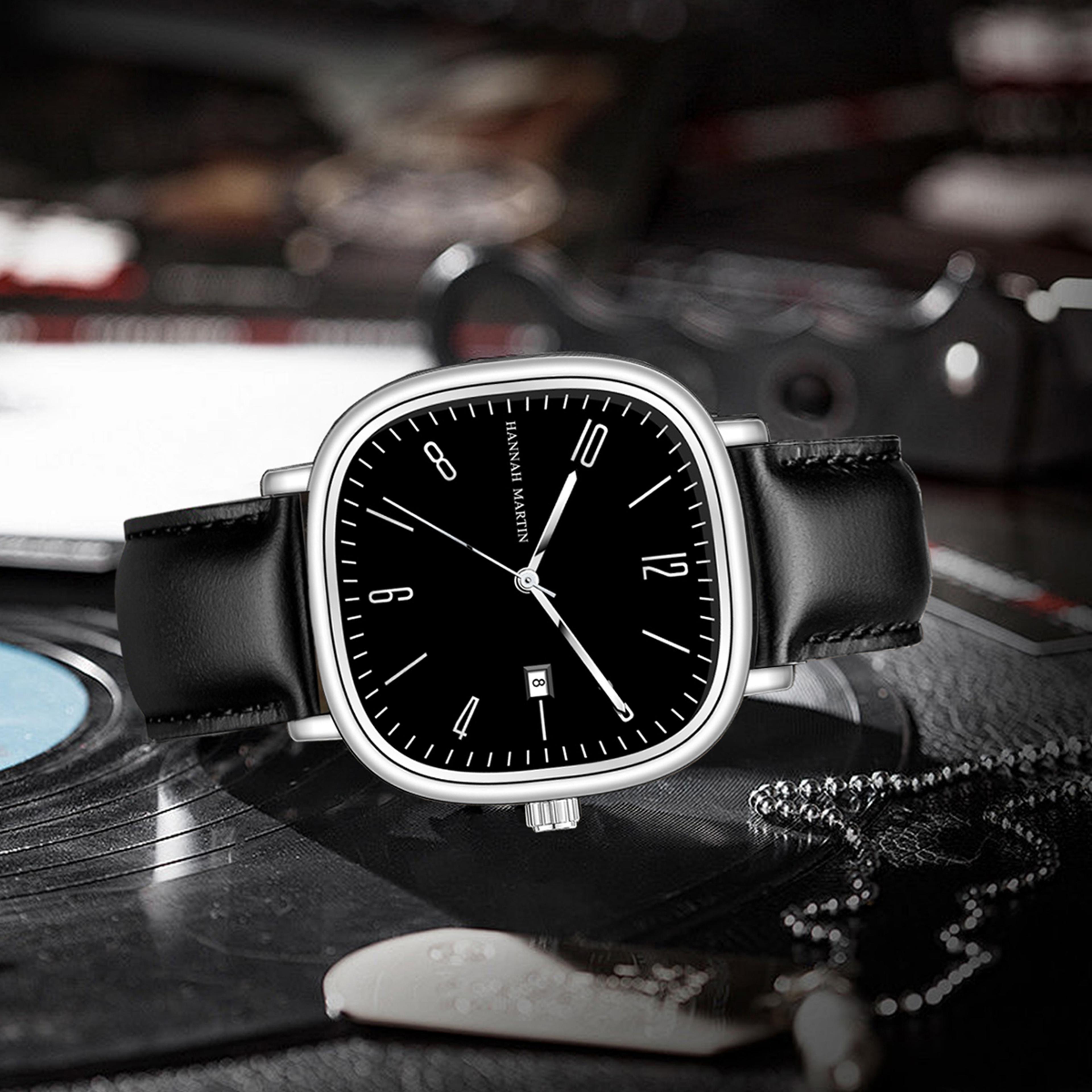 Black Leather Mens Quartz Watch Waterproof Business Calendar Wristwatch 3