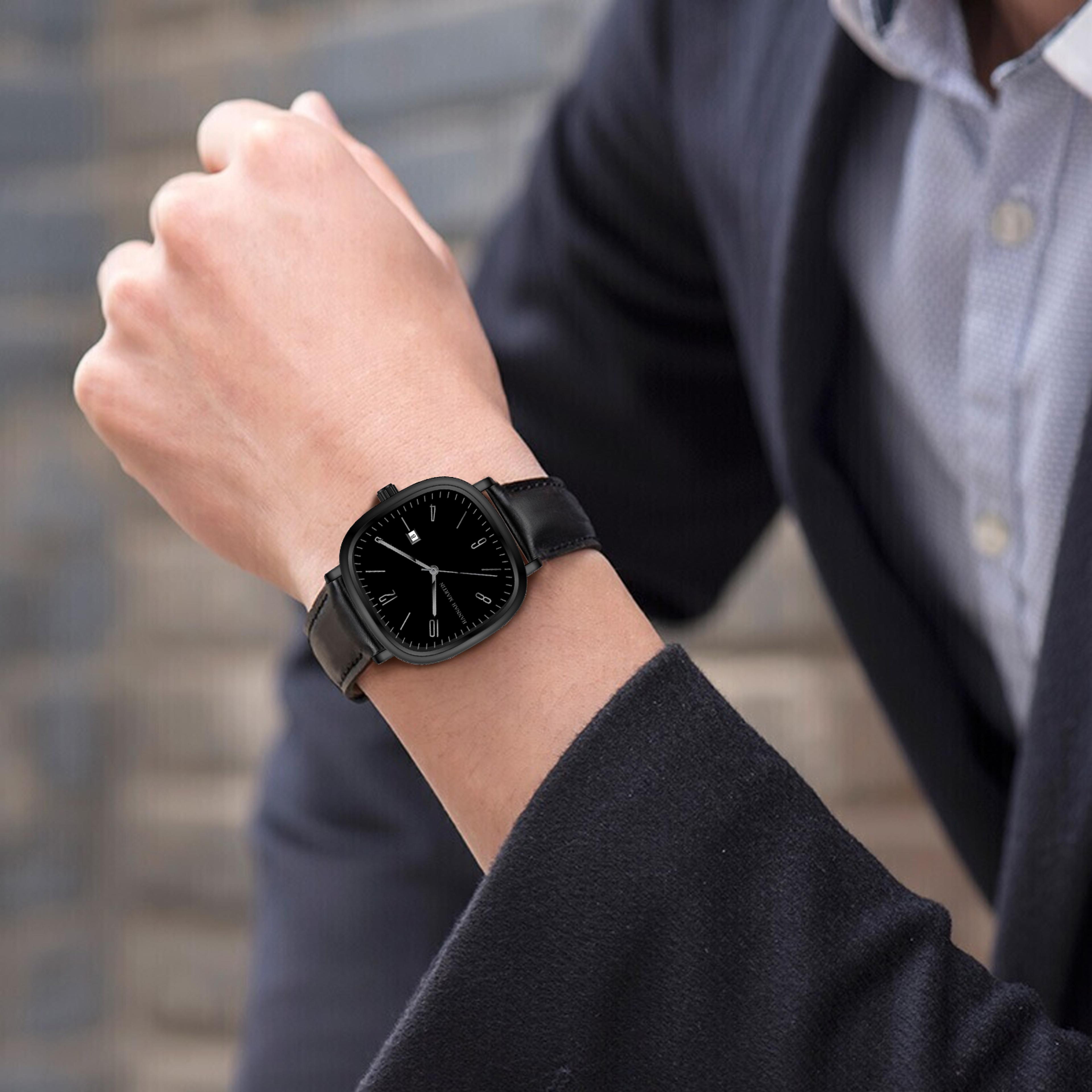 Black Leather Mens Quartz Watch Waterproof Business Calendar Wristwatch 5
