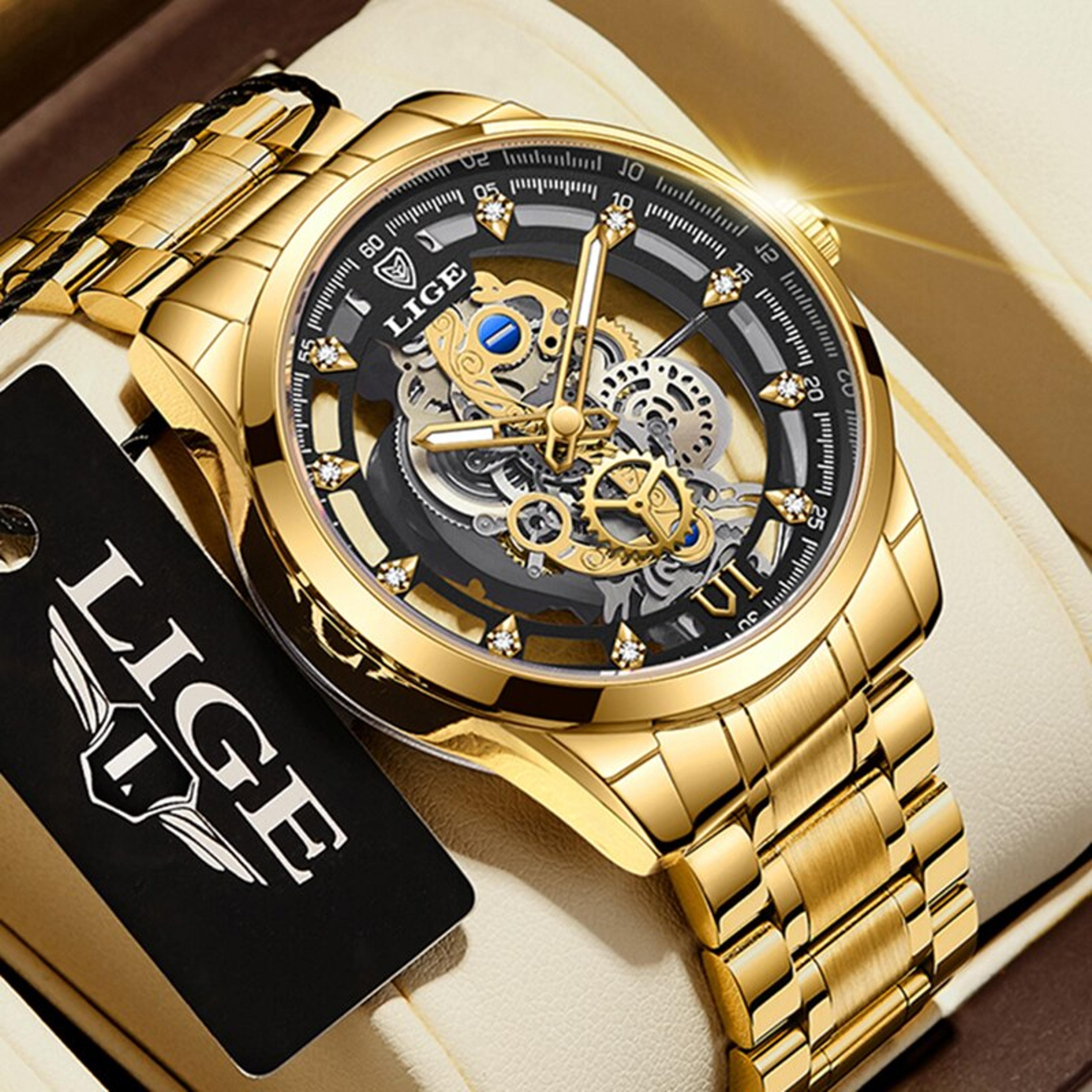 Mens Skeleton Quartz Watch Gold Tone Stainless Steel Luxury Wristwatch 1