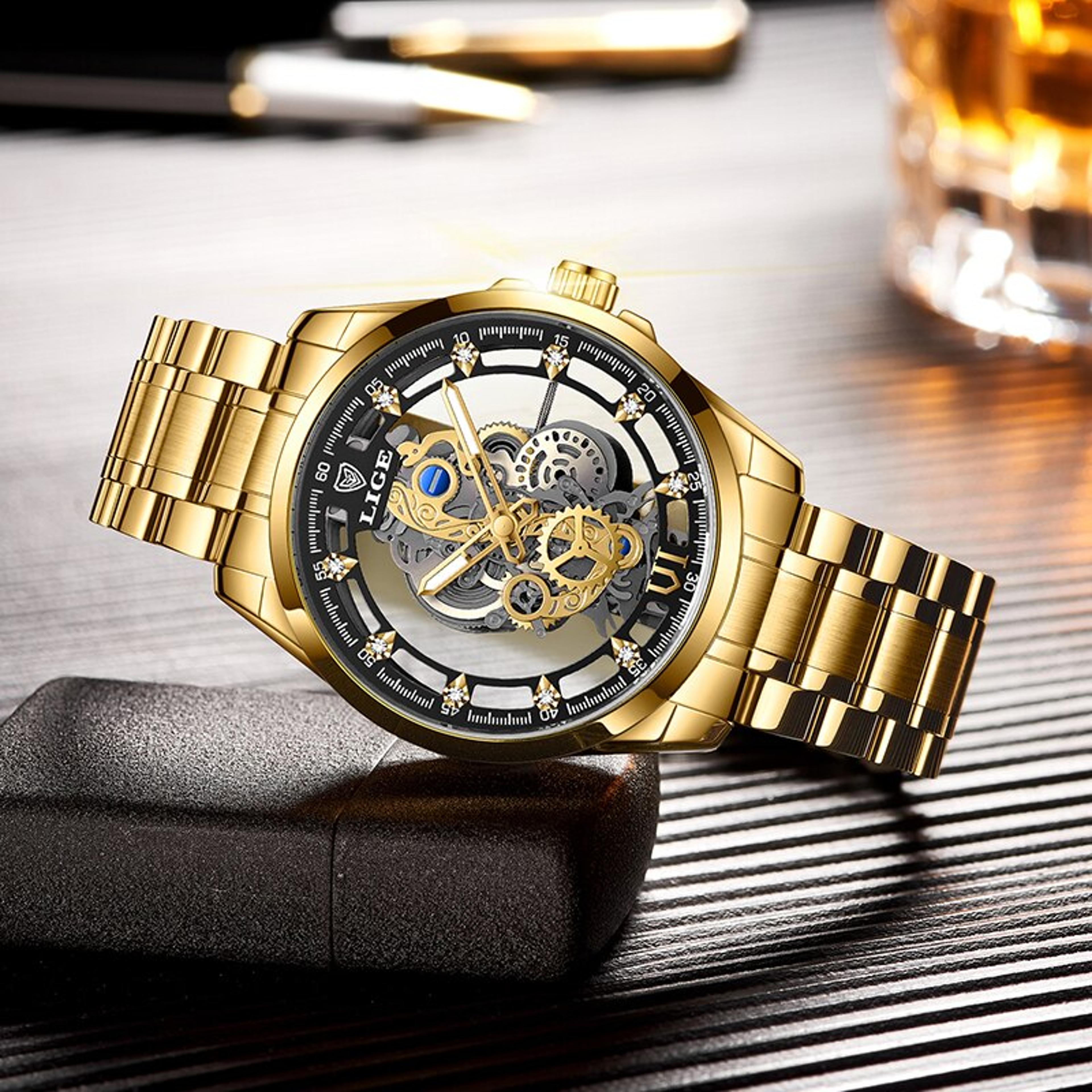 Mens Skeleton Quartz Watch Gold Tone Stainless Steel Luxury Wristwatch 2