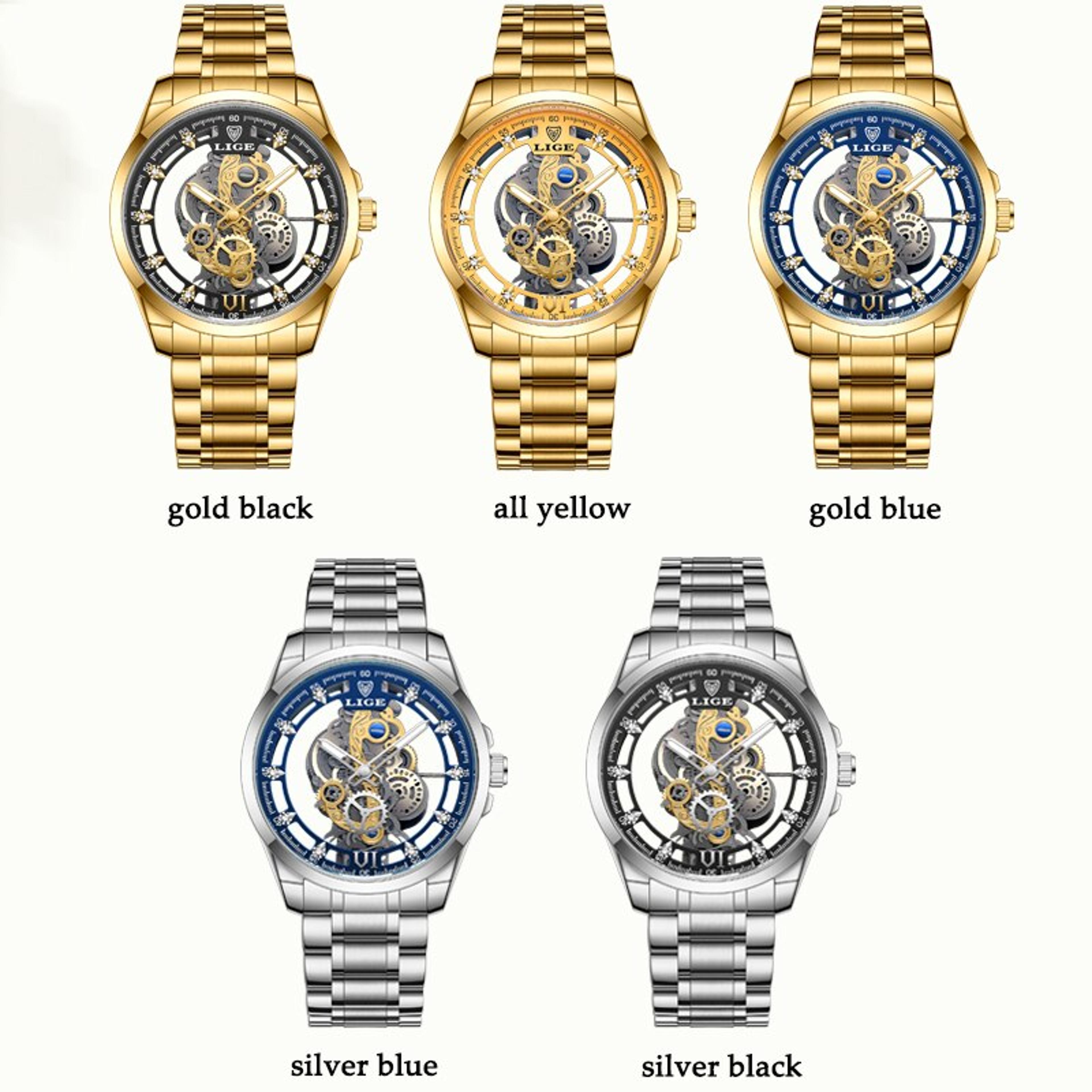 Mens Skeleton Quartz Watch Gold Tone Stainless Steel Luxury Wristwatch 6