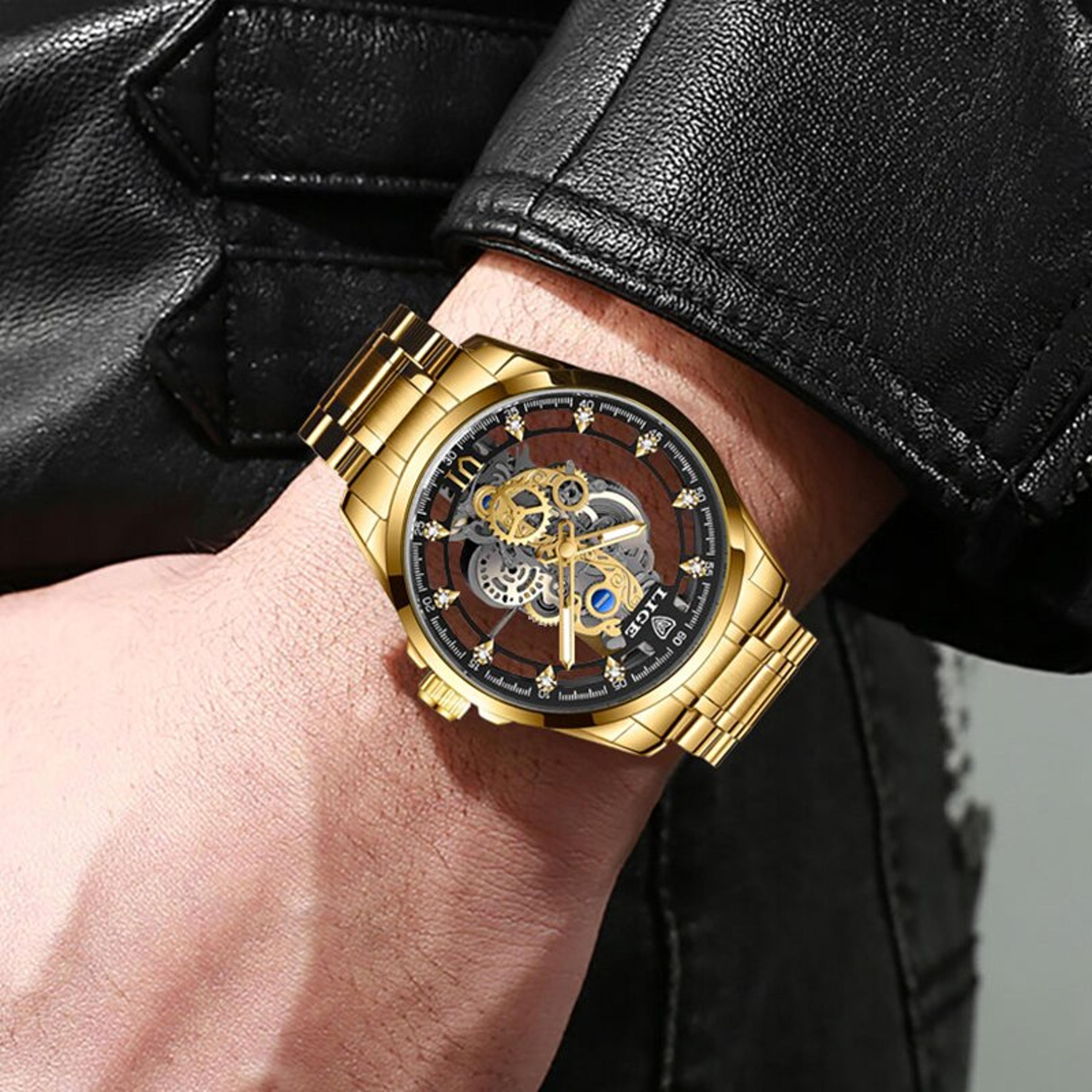 Mens Skeleton Quartz Watch Gold Tone Stainless Steel Luxury Wristwatch 5