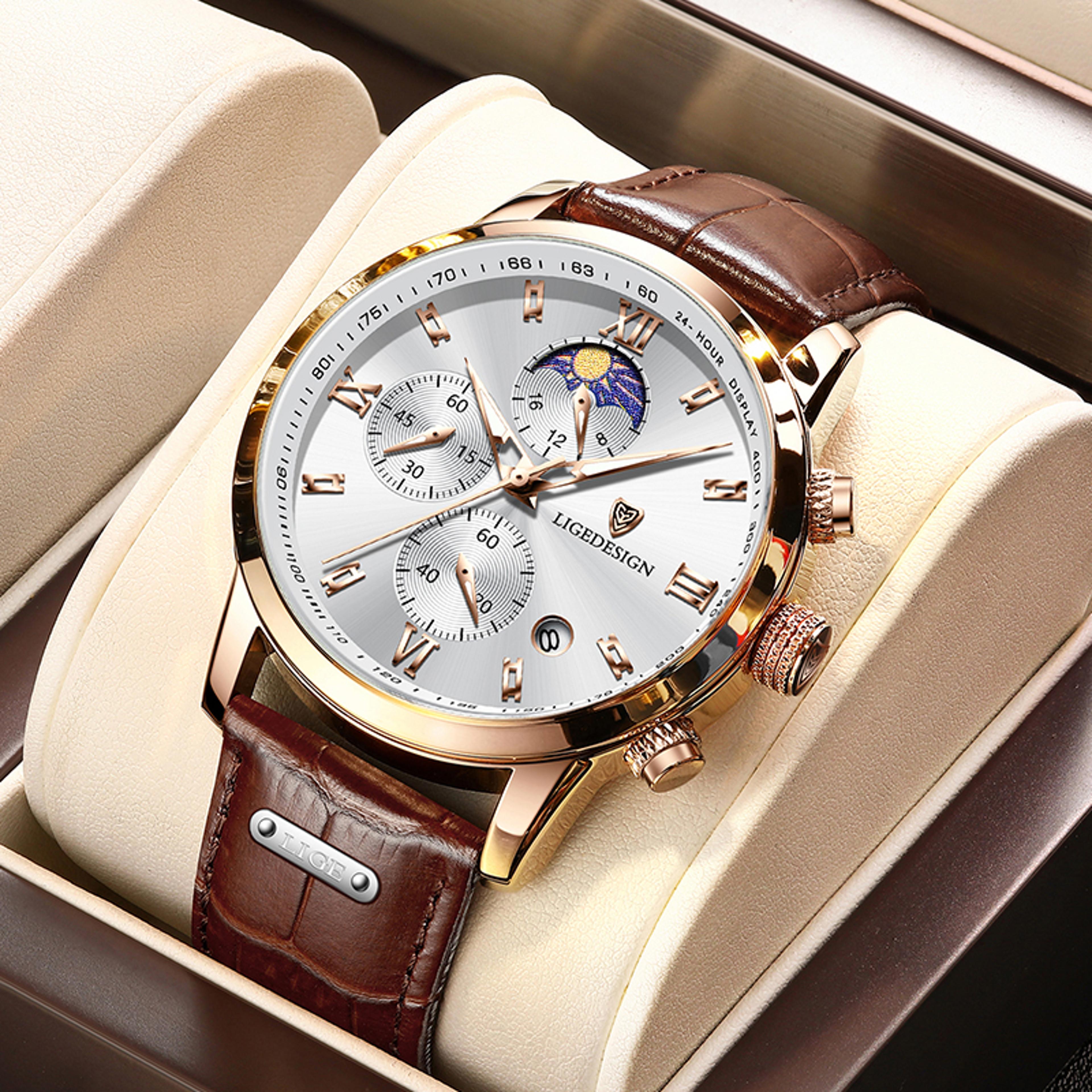 Mens Chronograph Watch Waterproof Quartz Leather Sport Wristwatch 1