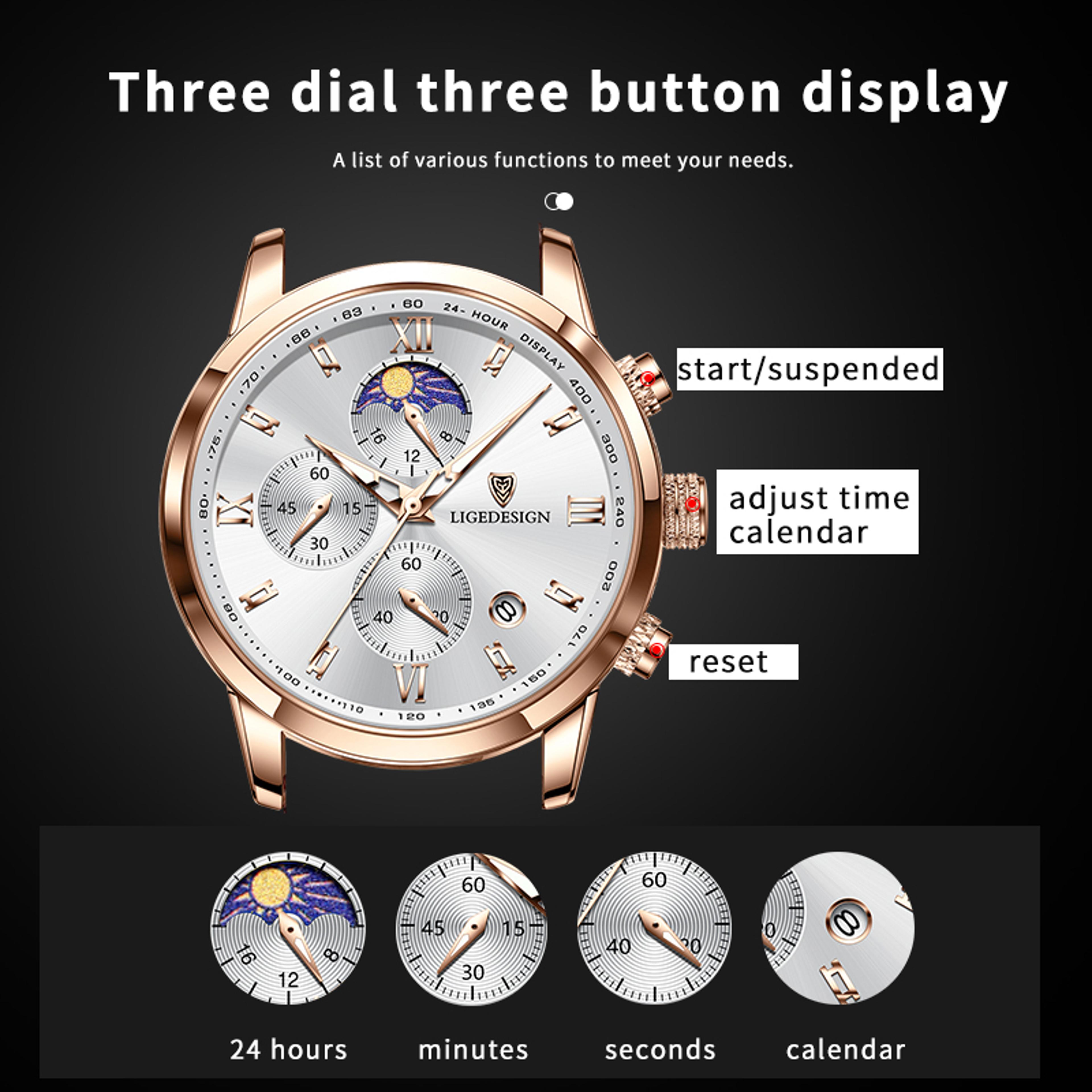 Mens Chronograph Watch Waterproof Quartz Leather Sport Wristwatch 3