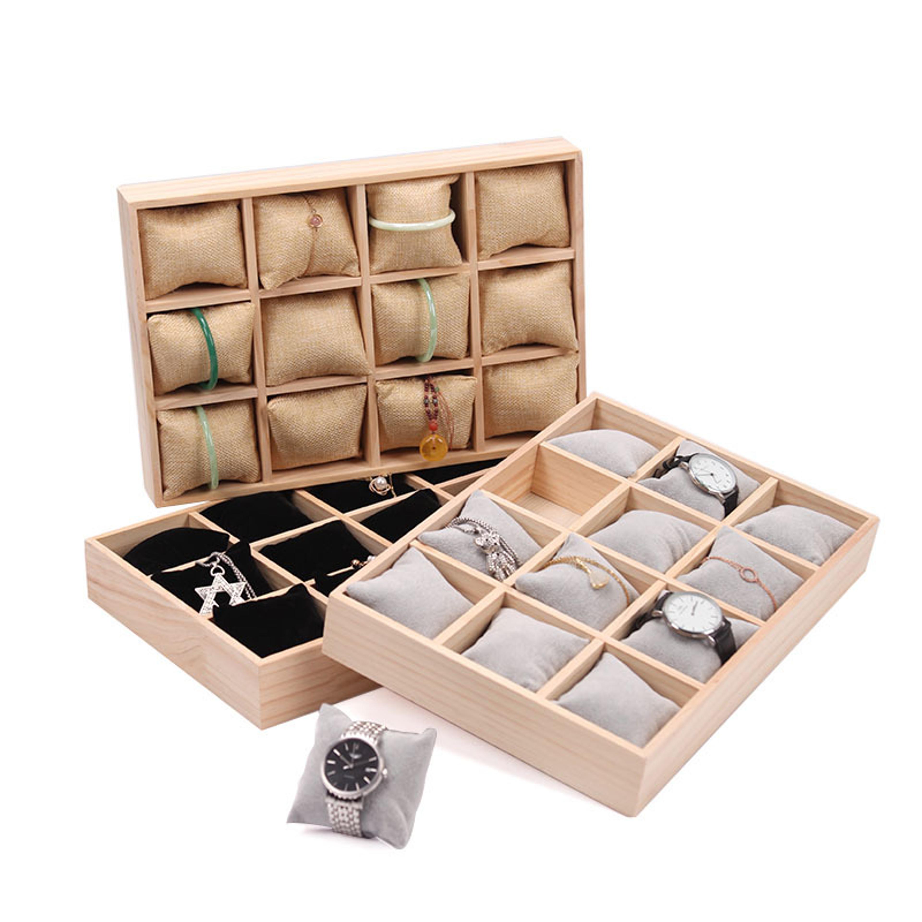 12 Slot Solid Wood Watch Display Tray With Soft Pillows And Jewelry Organizer 3