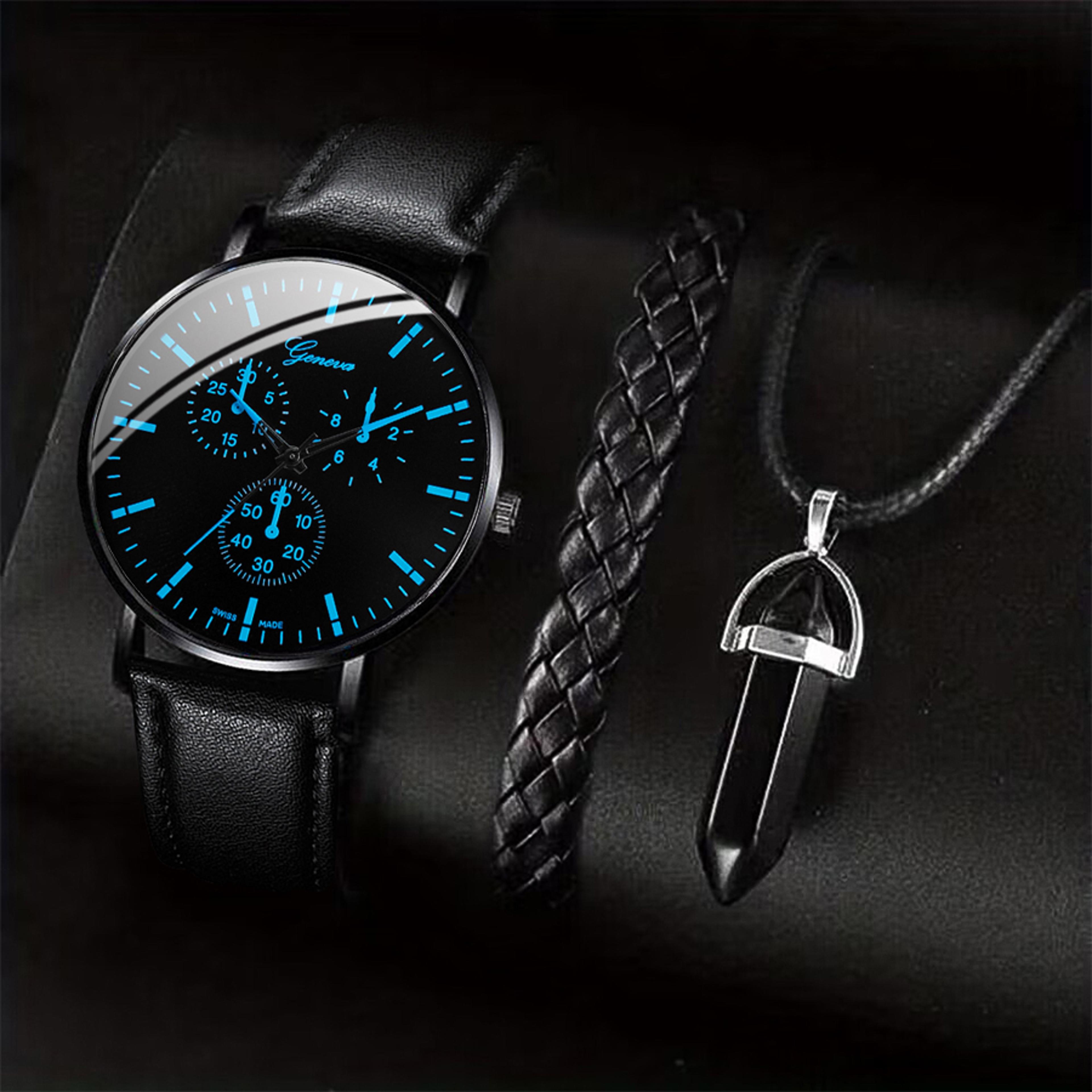 3 Piece Mens Quartz Watch Leather Band Bracelet Necklace Gift Set 1