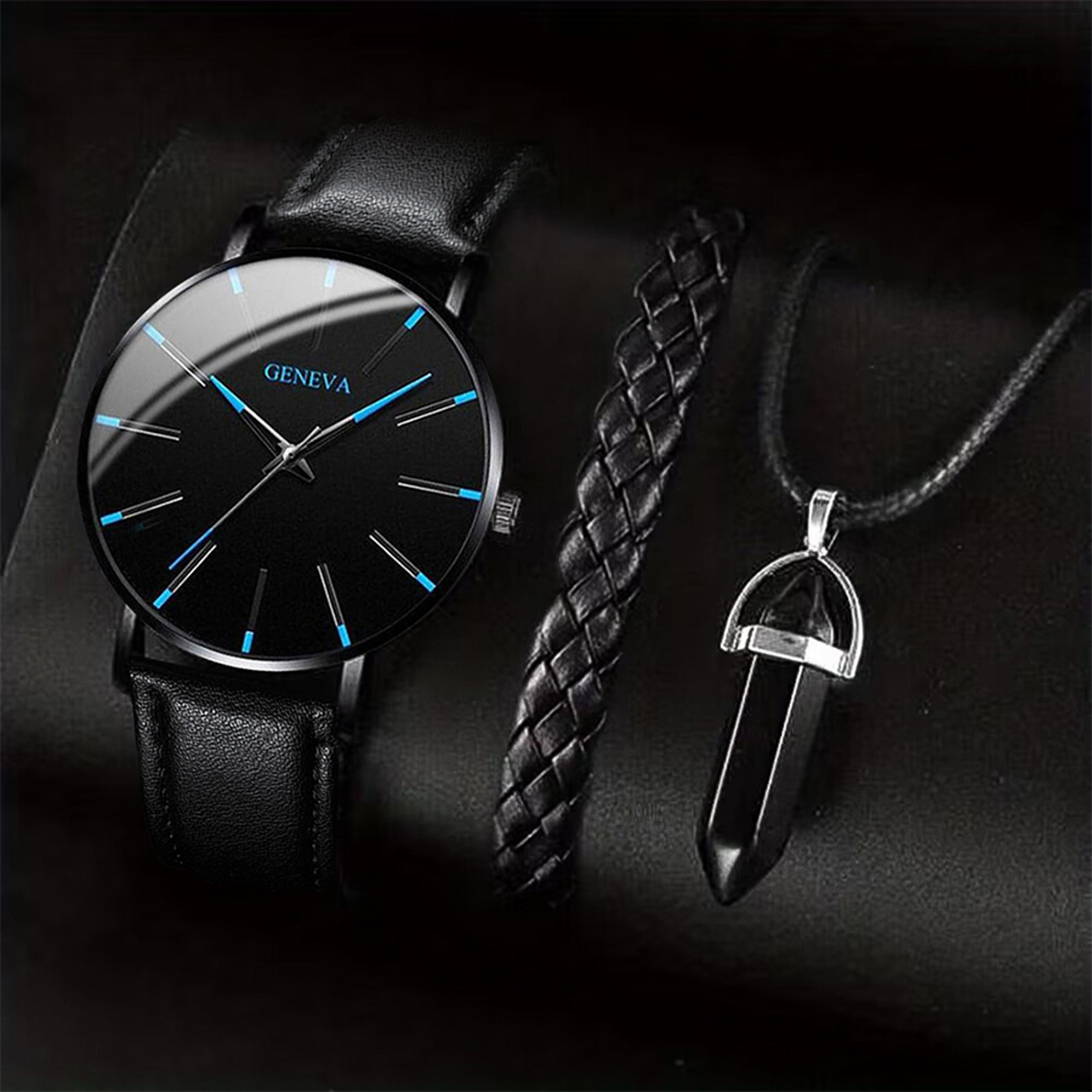 3 Piece Mens Quartz Watch Leather Band Bracelet Necklace Gift Set 9