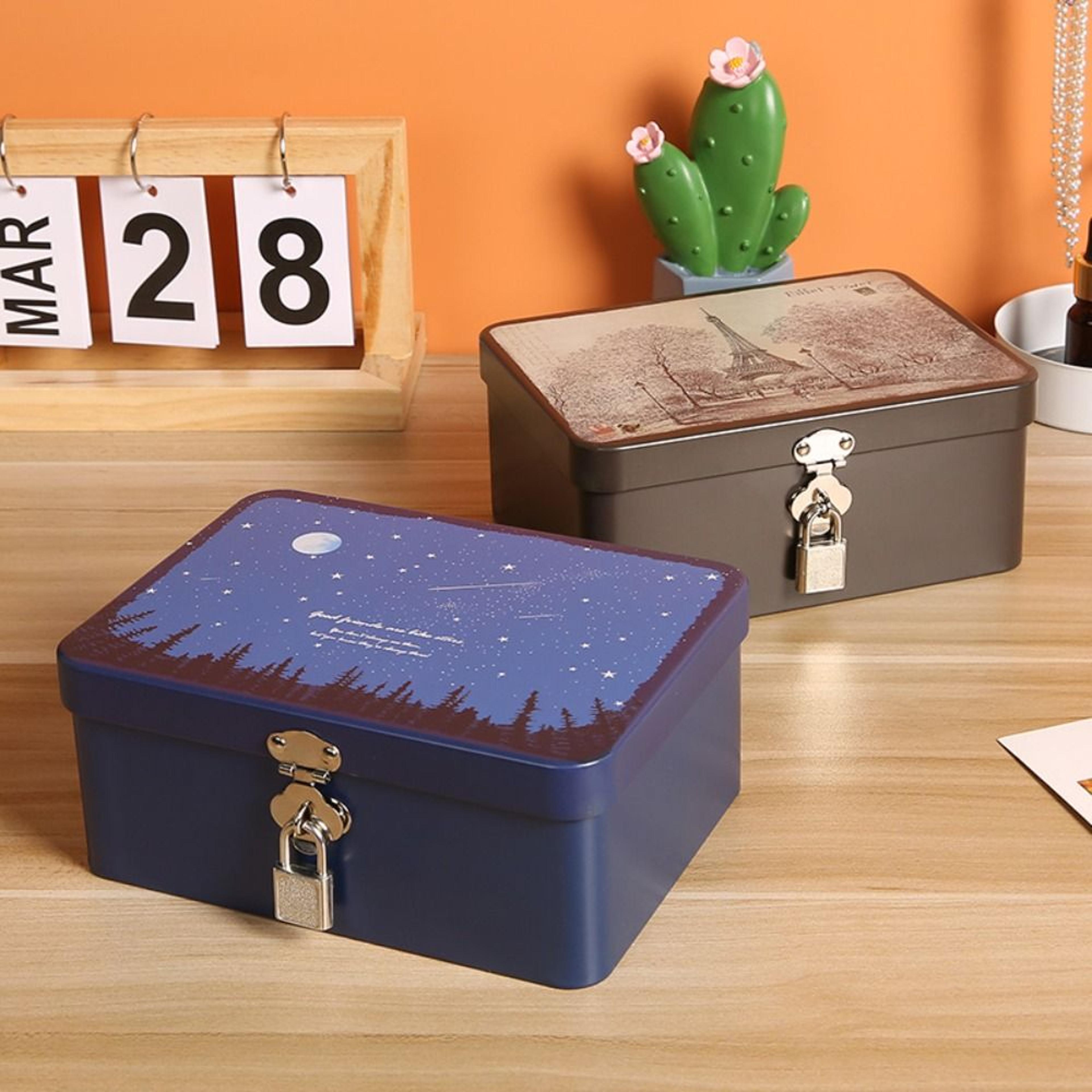 Vintage Tinplate Storage Box With Lock Key Metal Jewelry Keepsake Organizer 4