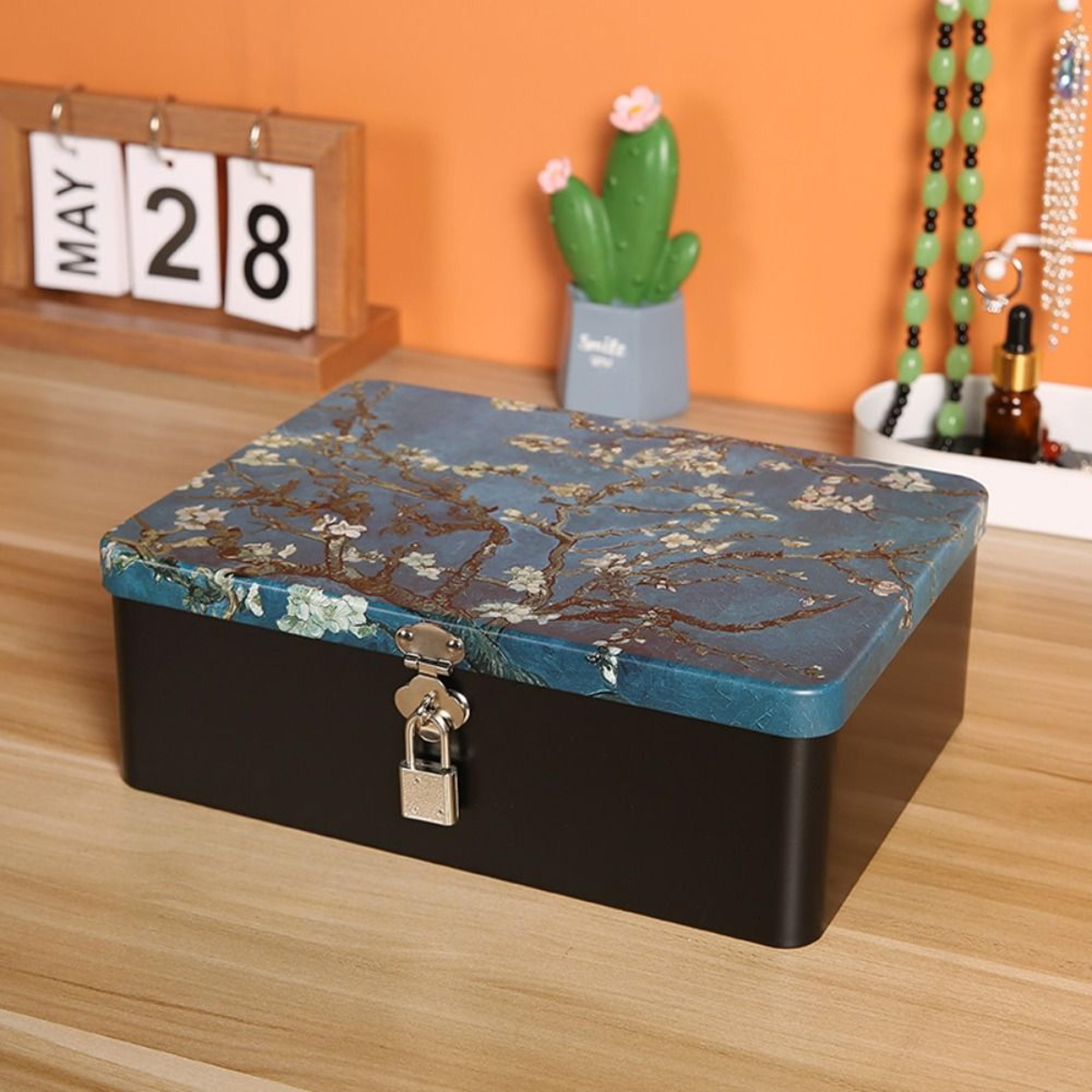 Vintage Tinplate Storage Box With Lock Key Metal Jewelry Keepsake Organizer 5
