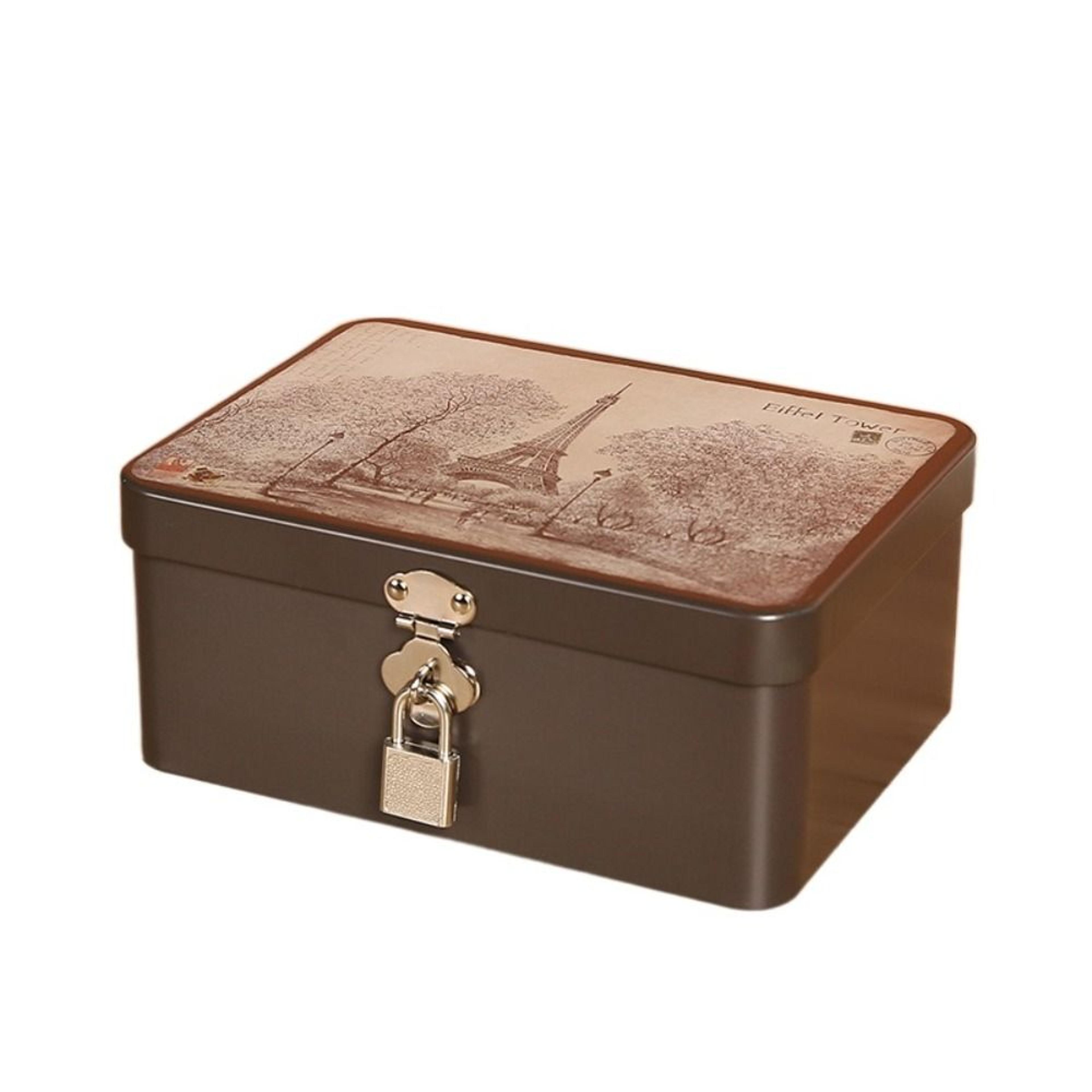 Vintage Tinplate Storage Box With Lock Key Metal Jewelry Keepsake Organizer 7