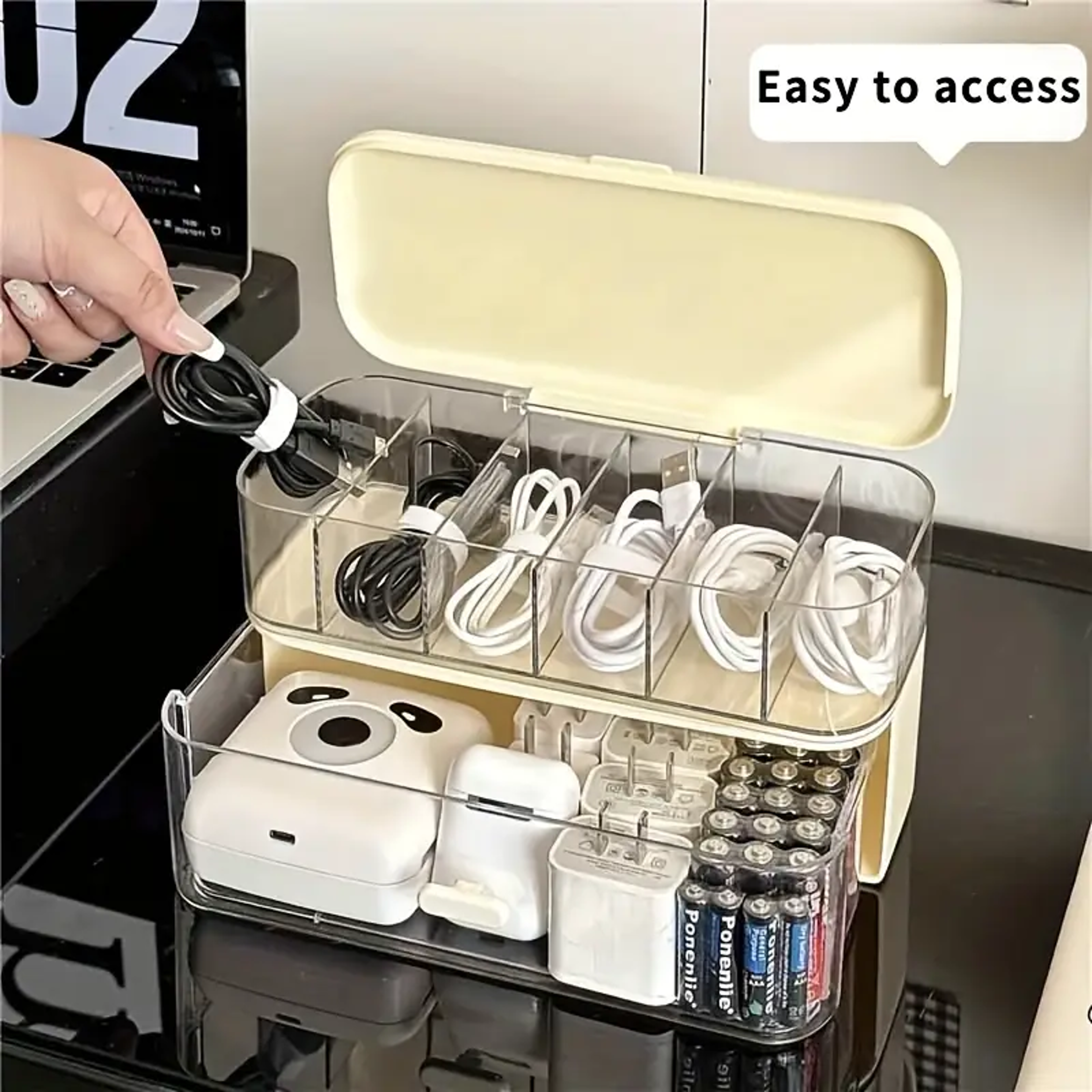 Double Layer Cable Organizer Box Transparent Desk Storage Drawer 4
