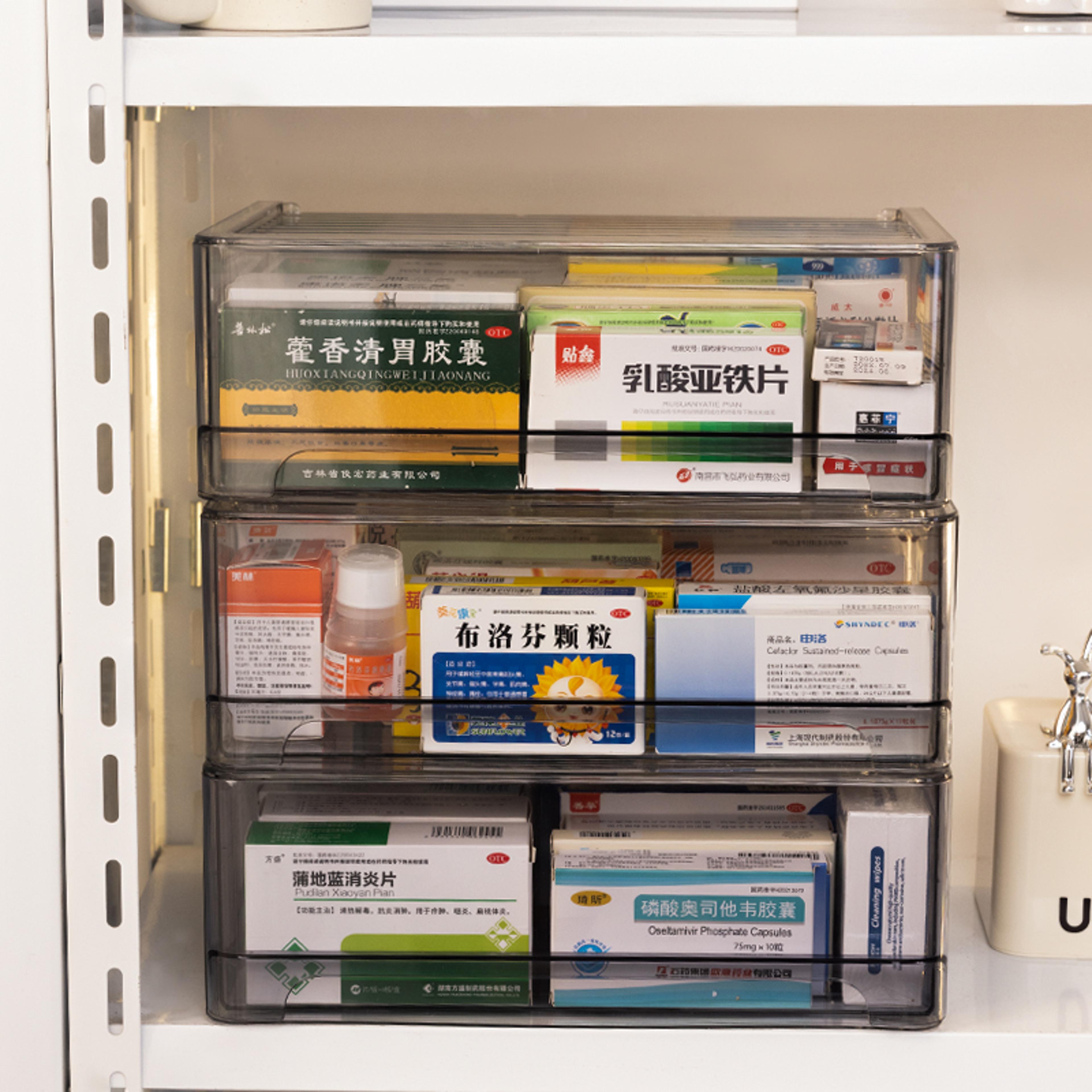 Stackable Medicine Organizer With Pull Out Drawer And Transparent Gray Storage 4