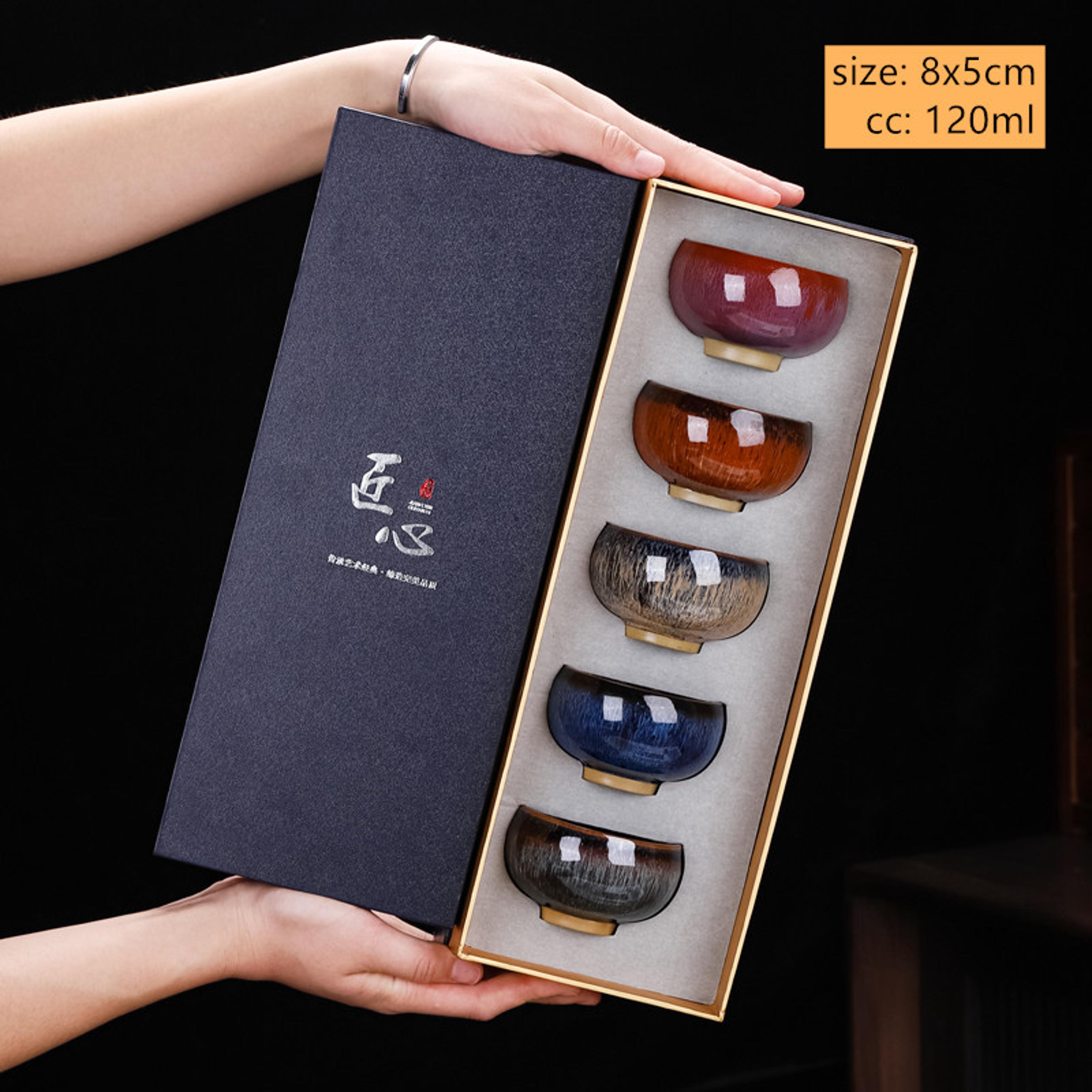 5 Piece Ceramic Tea Cup Set Kiln Change Zen Teacups With Gift Box 7