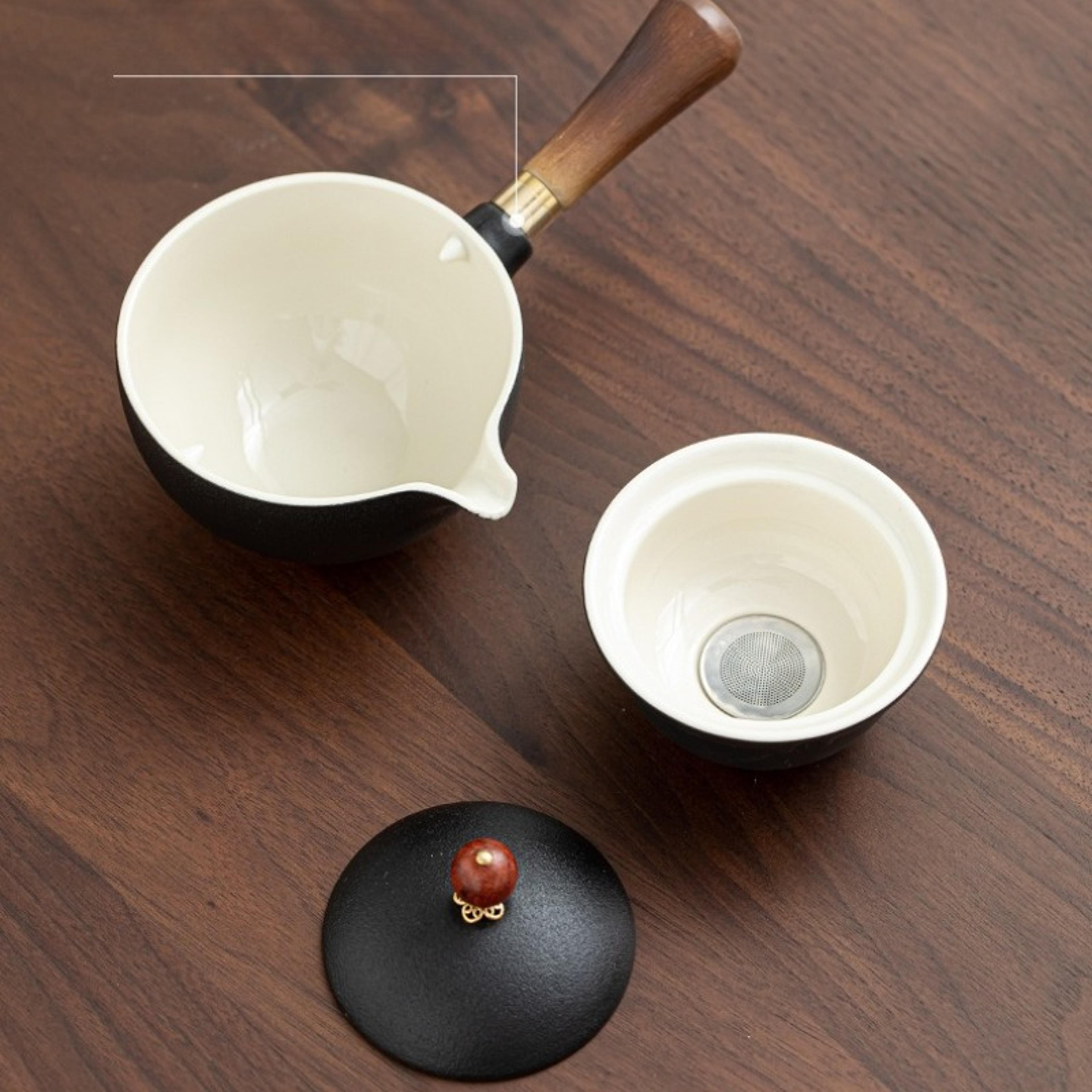 160ml Ceramic Teapot With Rotating Infuser And Wooden Side Handle For Gongfu Tea 3