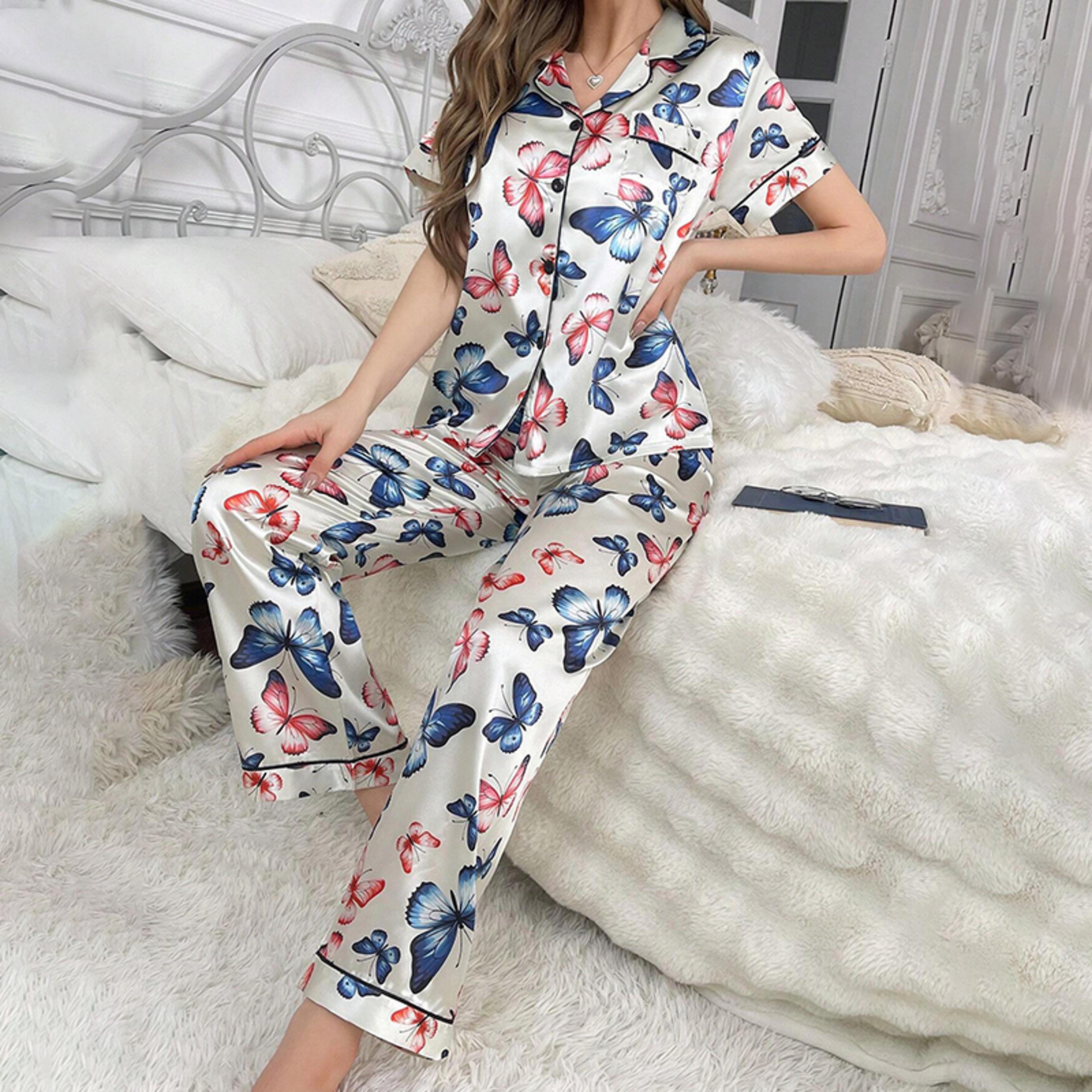 Womens Satin Pajama Set Short Sleeve Button Down Top And Full Length Pants 16