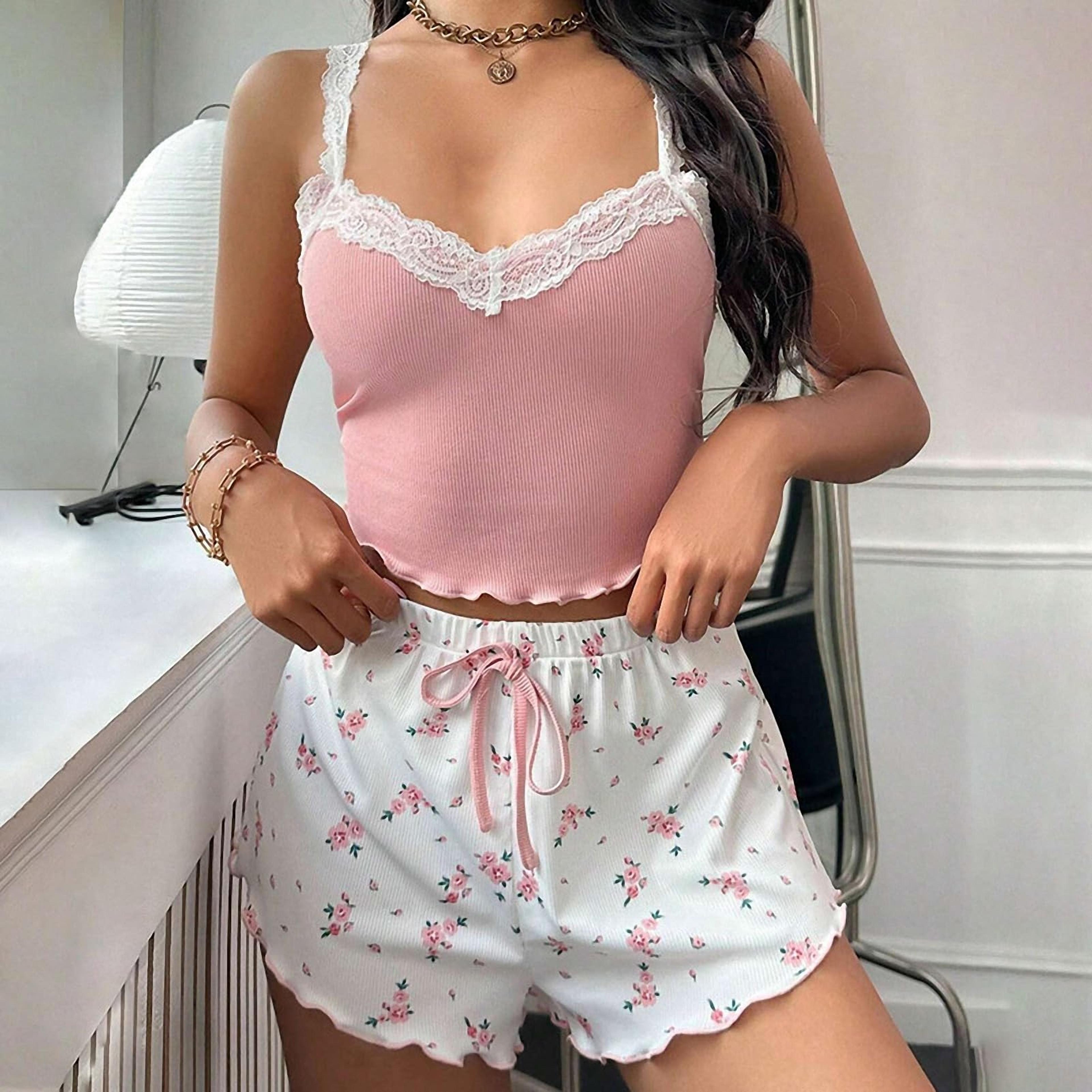 Women Patchwork VNeck Camisole Pajama Set With Printed Shorts 2