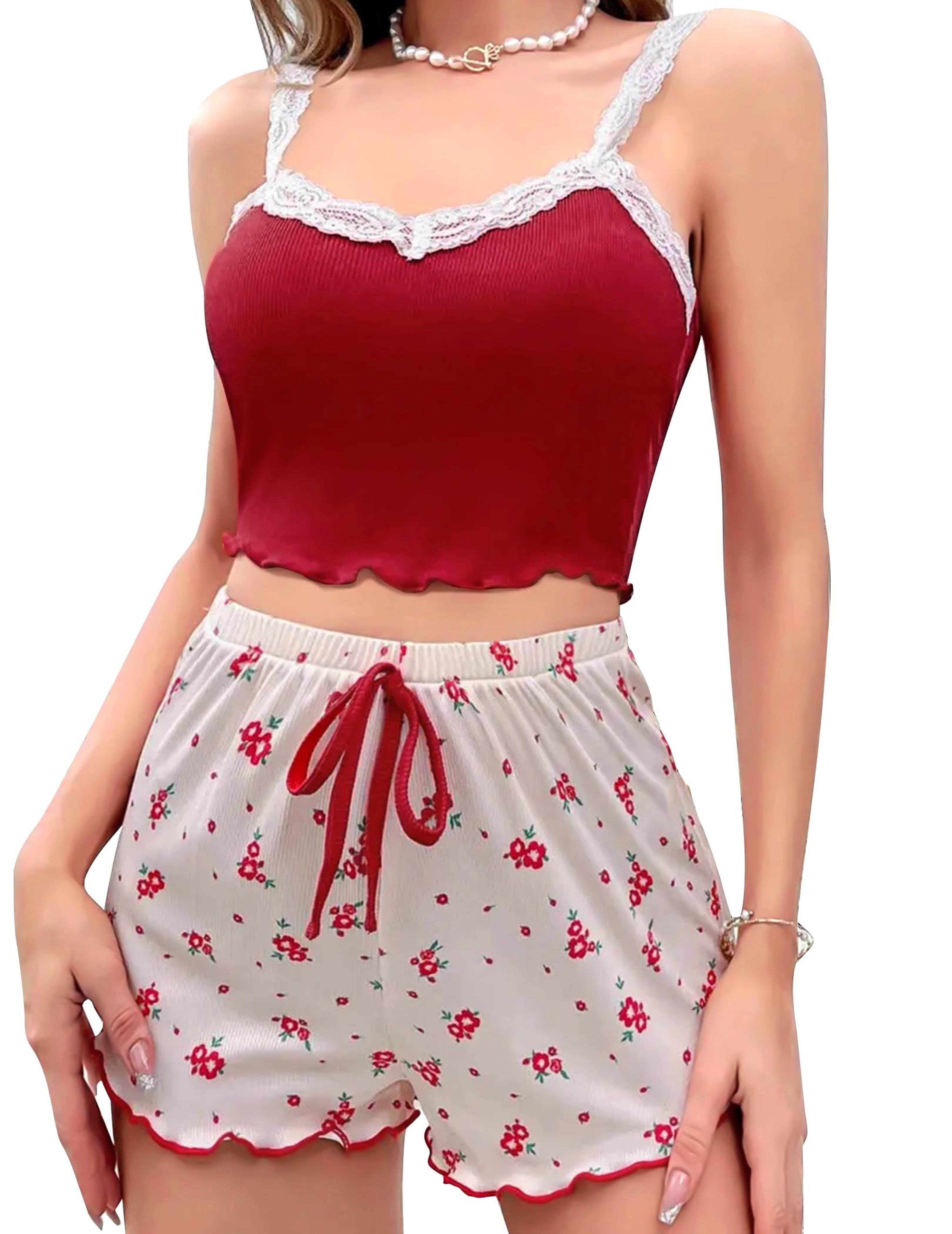 Women Patchwork VNeck Camisole Pajama Set With Printed Shorts 6