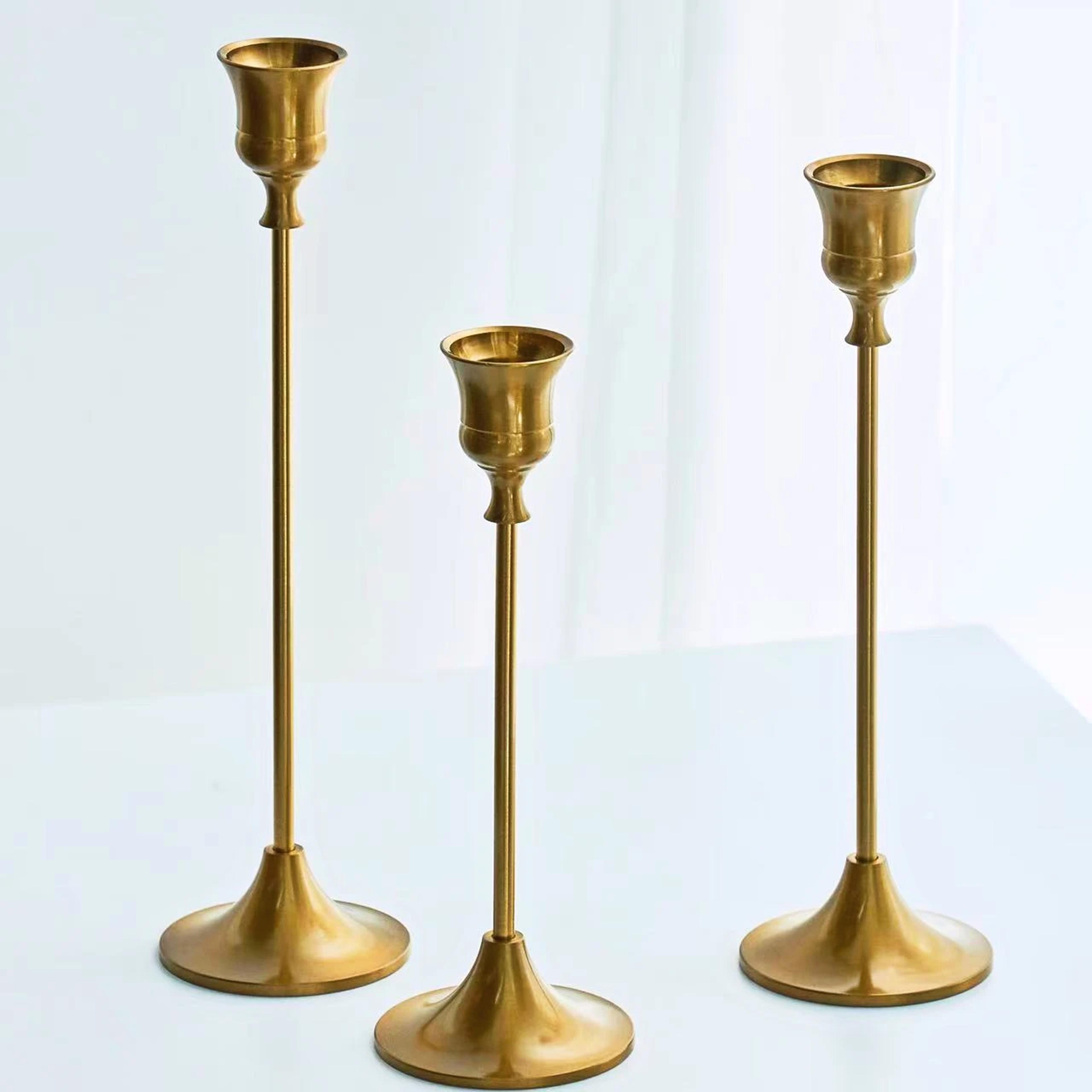 3 Piece Brass Gold Candlestick Holder Set For Stick Candles And Event Decor 0