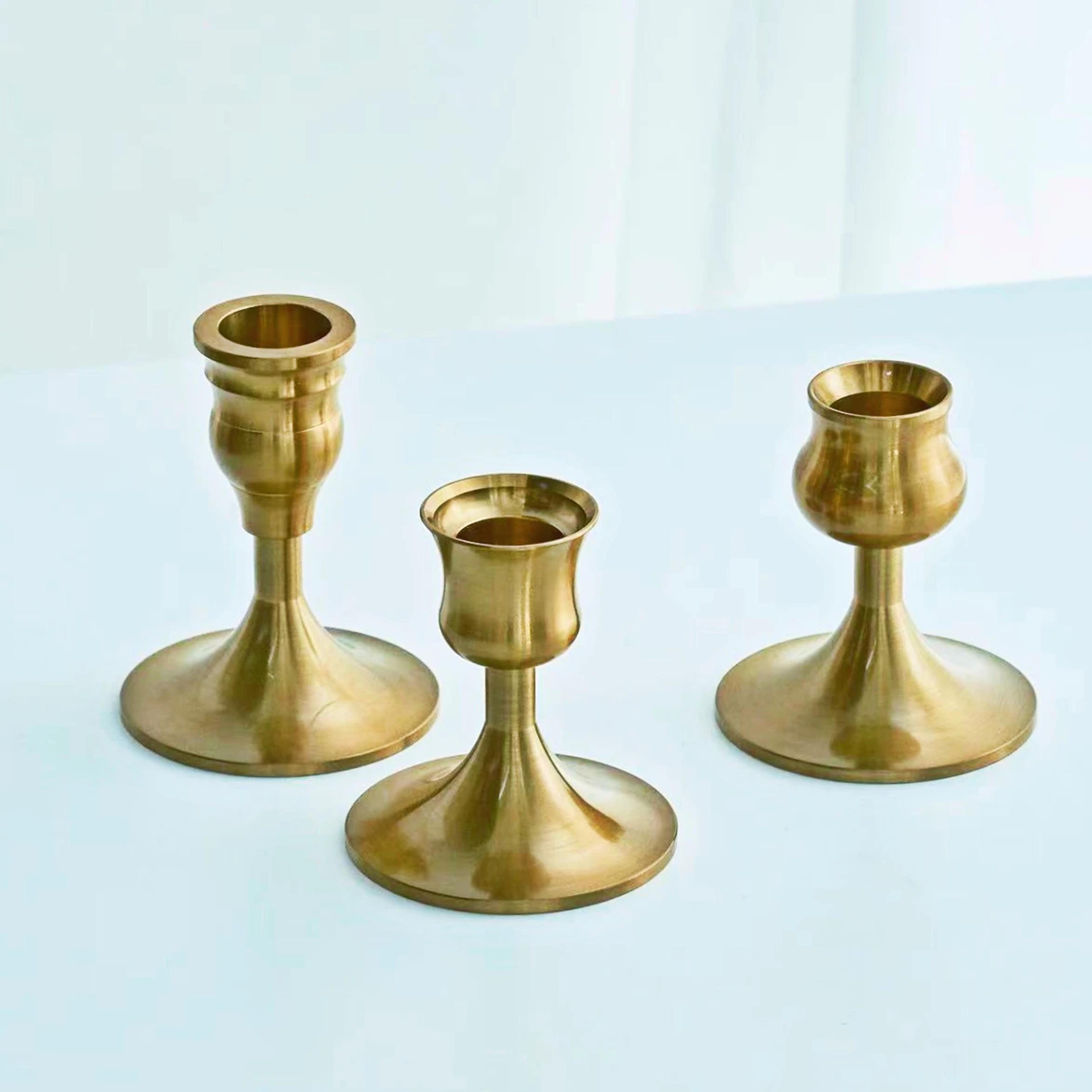 3 Piece Brass Gold Candlestick Holder Set For Stick Candles And Event Decor 11