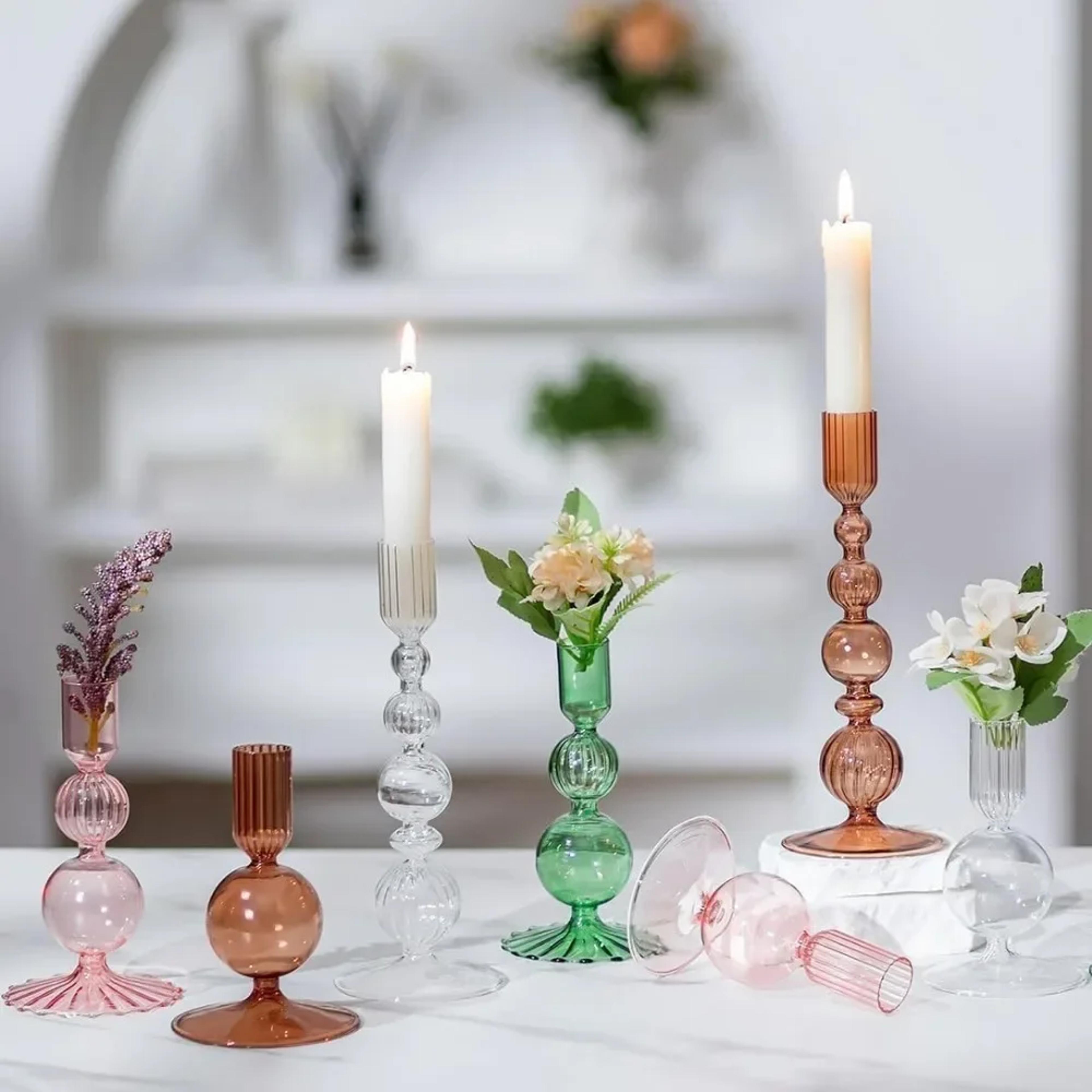 3 Piece Glass Taper Candle Holders Modern Wavy Candlestick Set 5