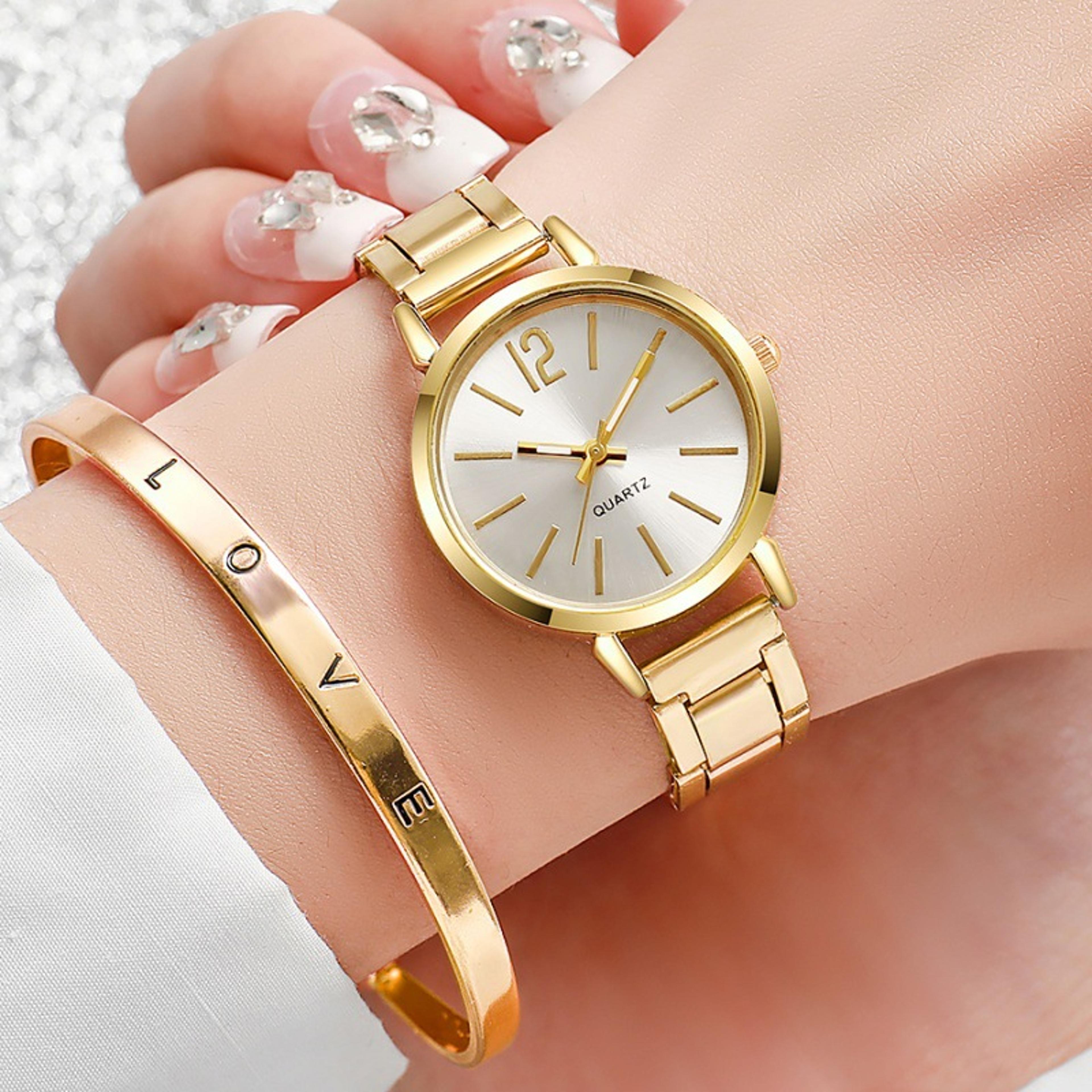 2 Piece Womens Quartz Watch And Bracelet Set With Small Round Dial And Stainless Steel Band 1