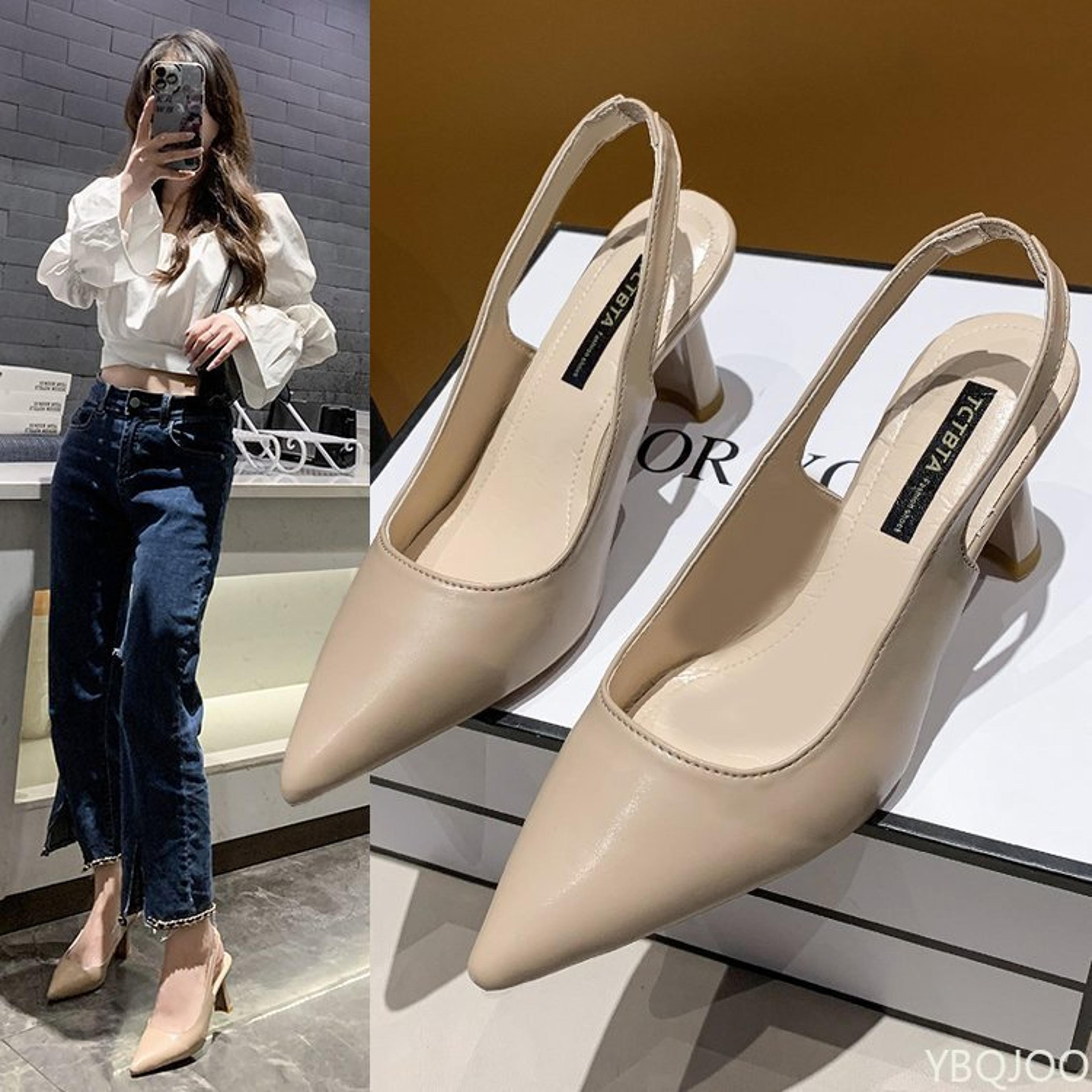 Pointed Toe Low Heel Slingback Sandals With Elastic Back Strap 1