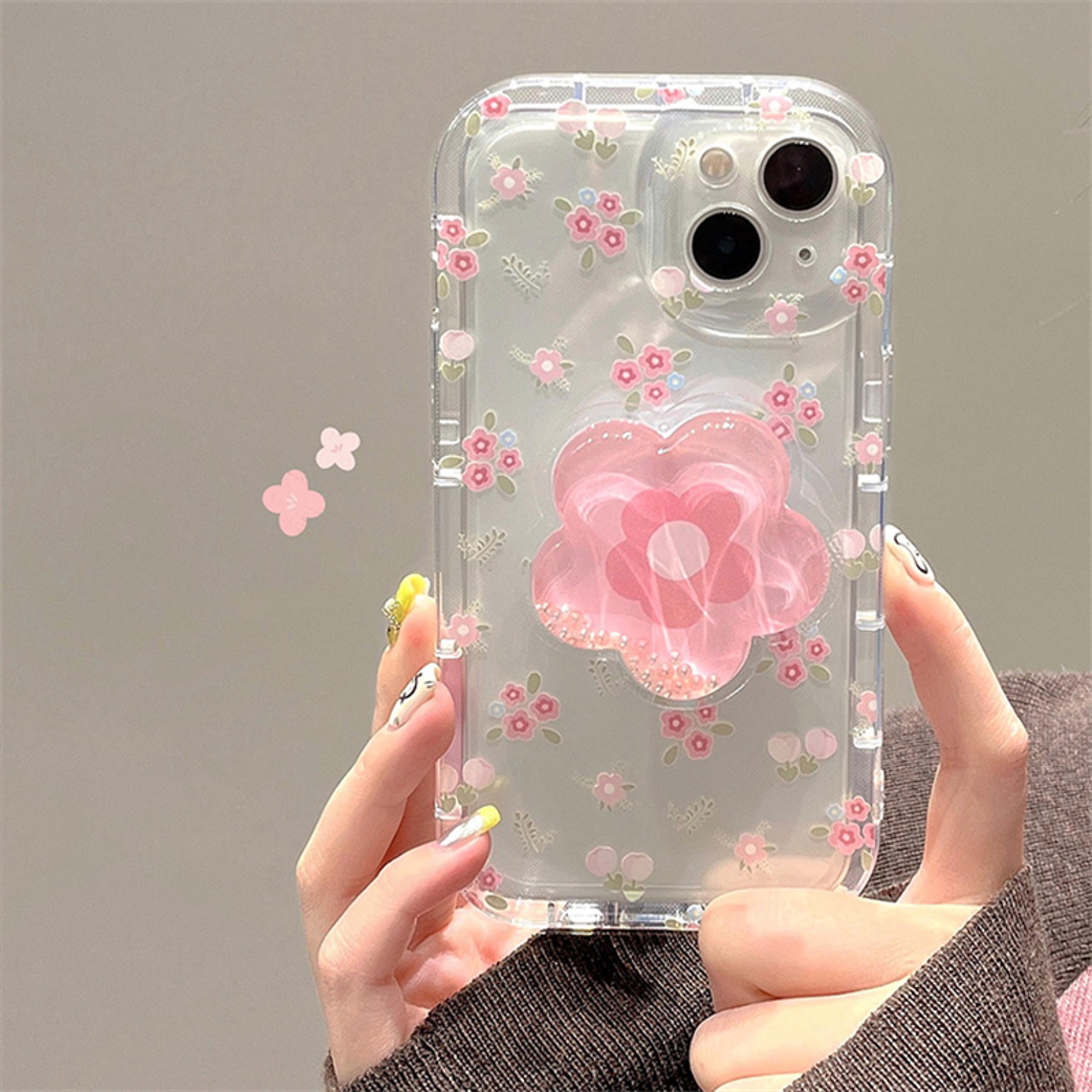 Floral Quicksand IPhone Case With Holder Clear Full Coverage PC TPU Cover 2