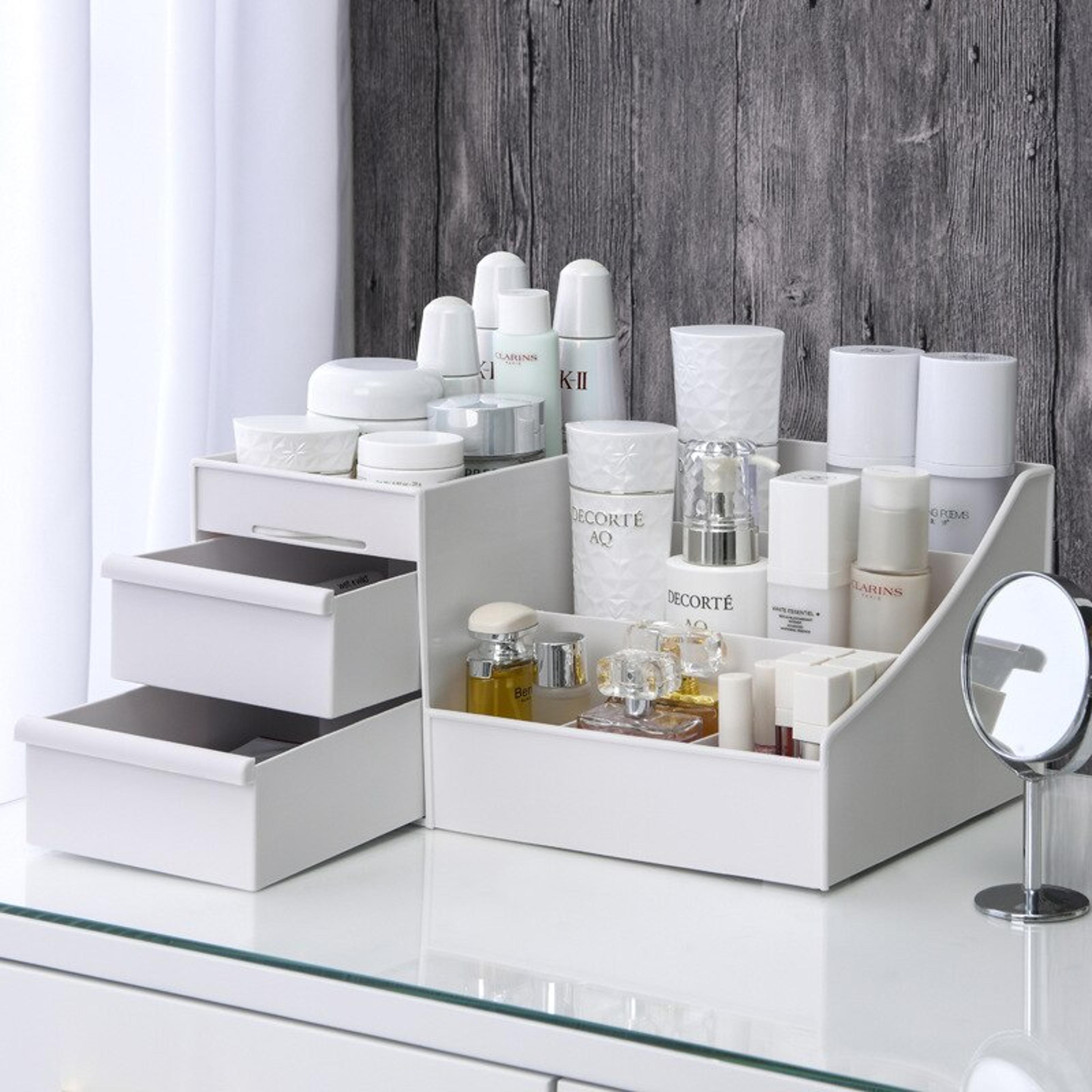 White Plastic Makeup Storage Box With 9 Compartments For Desktop Organization 3