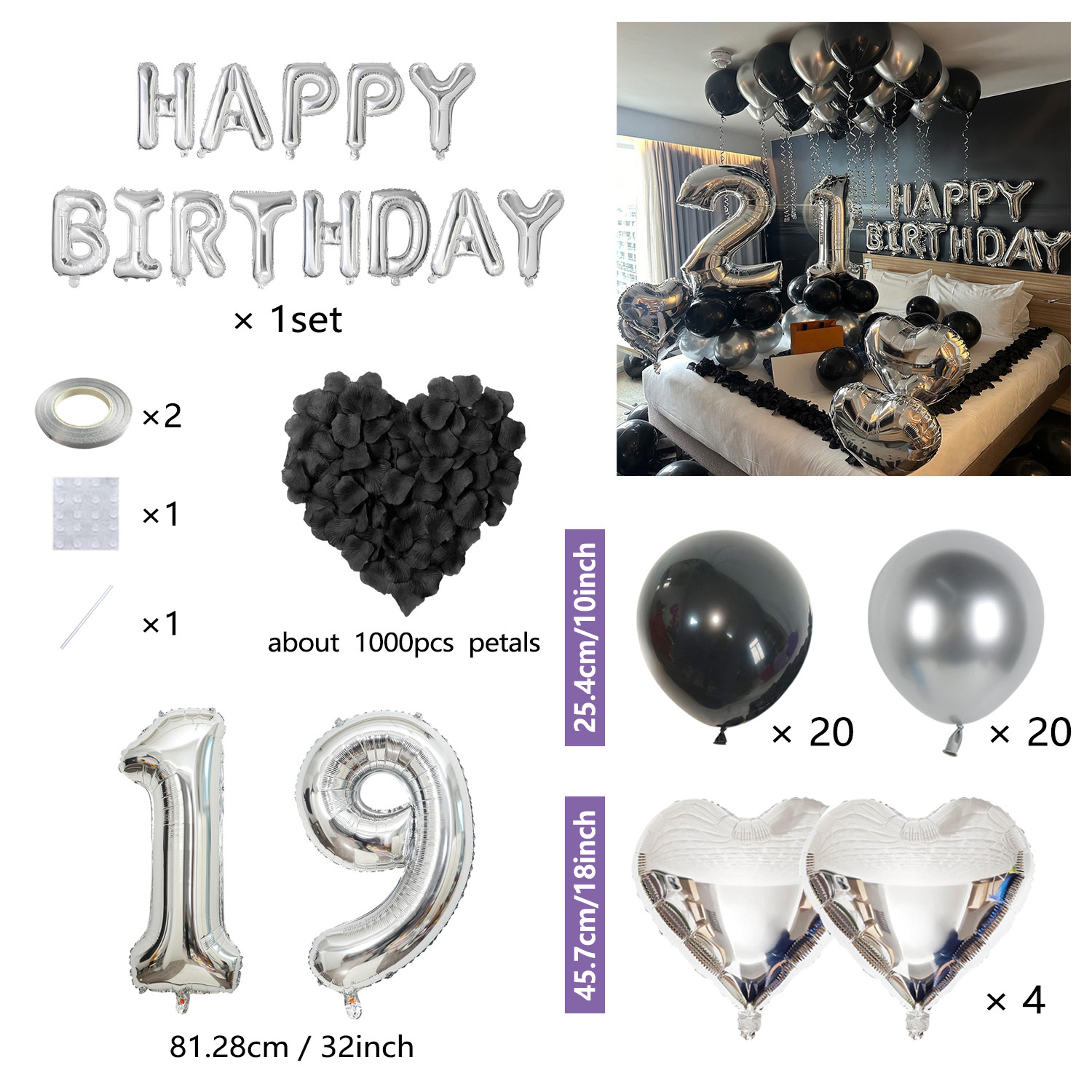 Black Silver Birthday Party Decoration Set With Letter Banner Heart Foil Balloon And Rose Petals 24