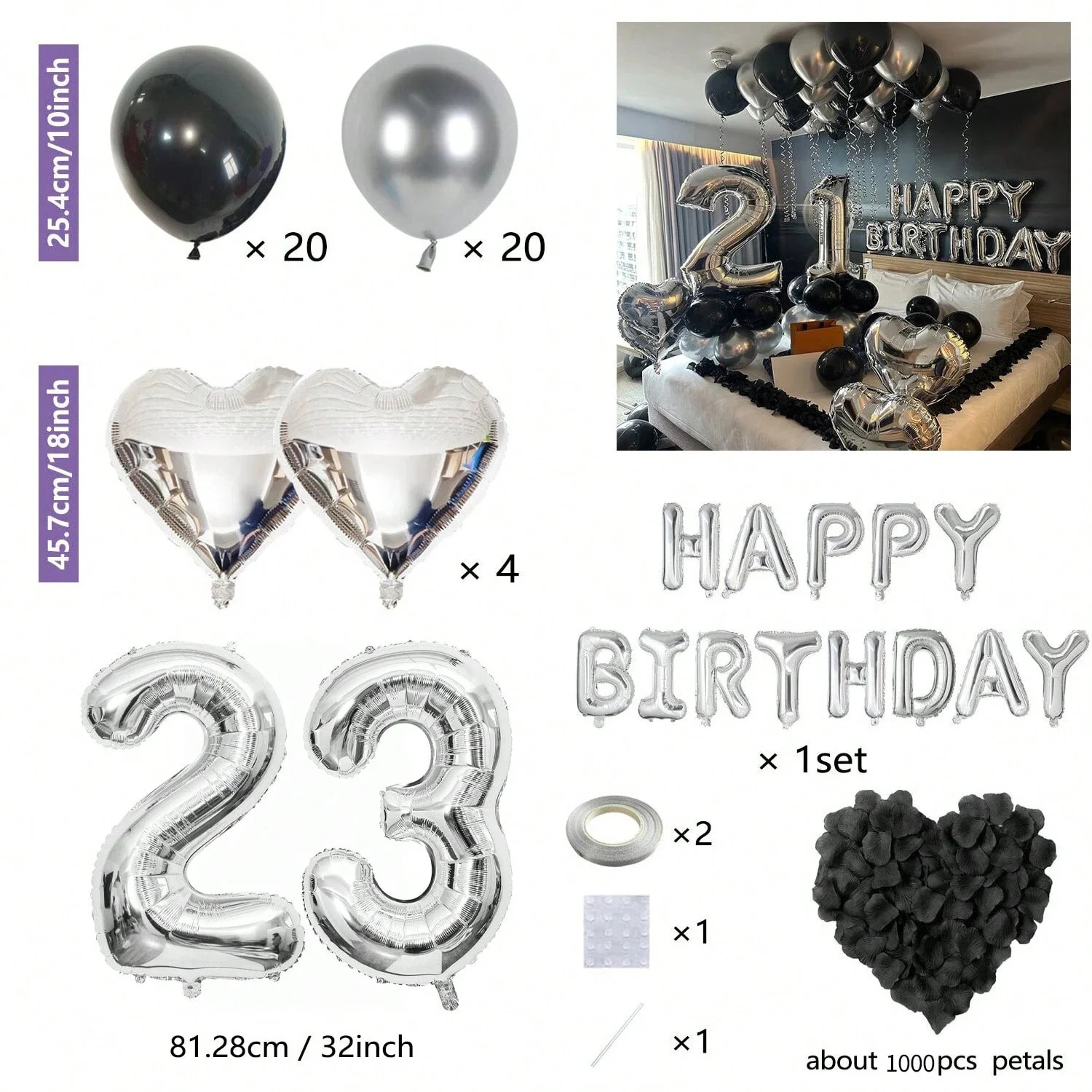 Black Silver Birthday Party Decoration Set With Letter Banner Heart Foil Balloon And Rose Petals 25
