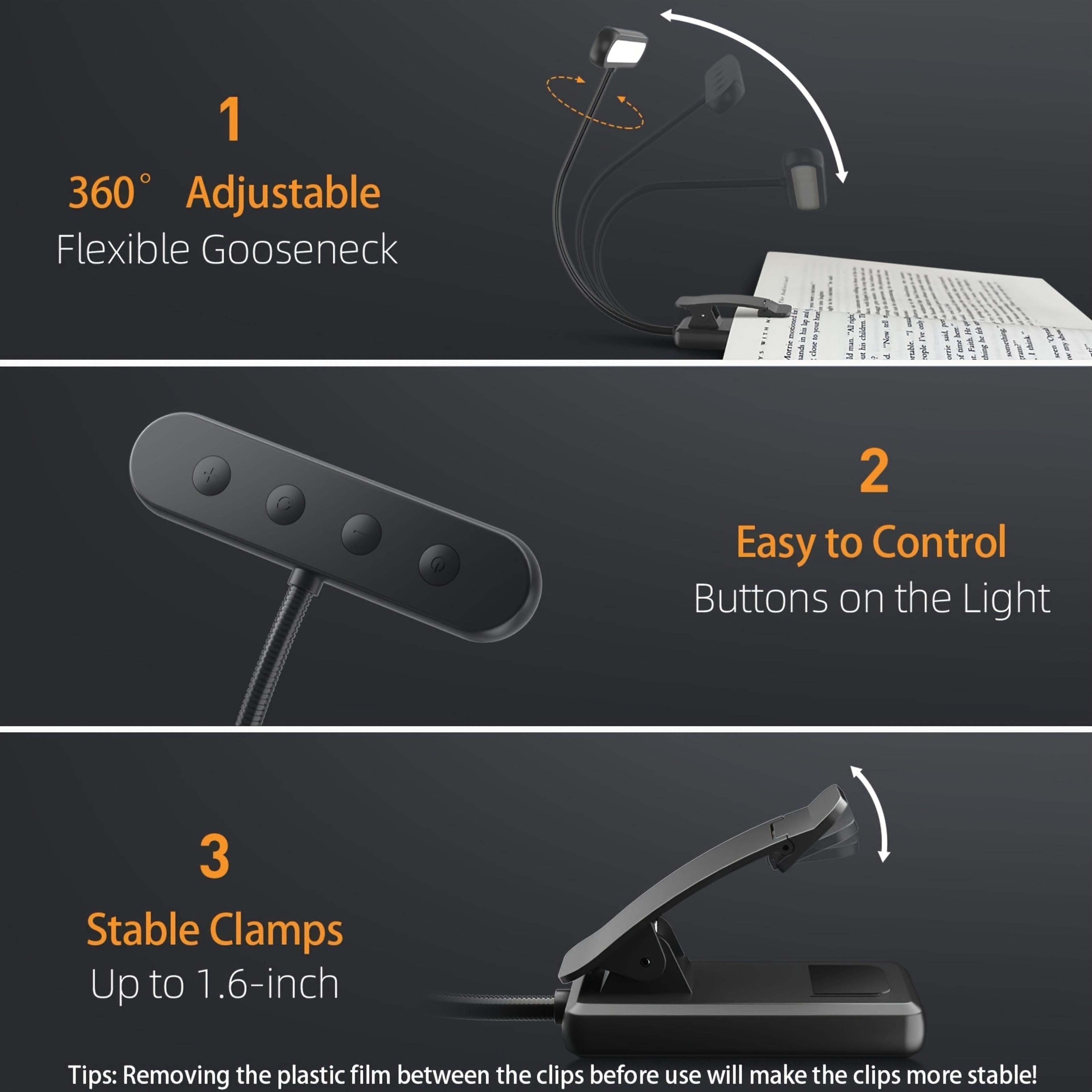 USB Rechargeable Book Light With 3 Color LED Clamp For Bed And Study Desk 4