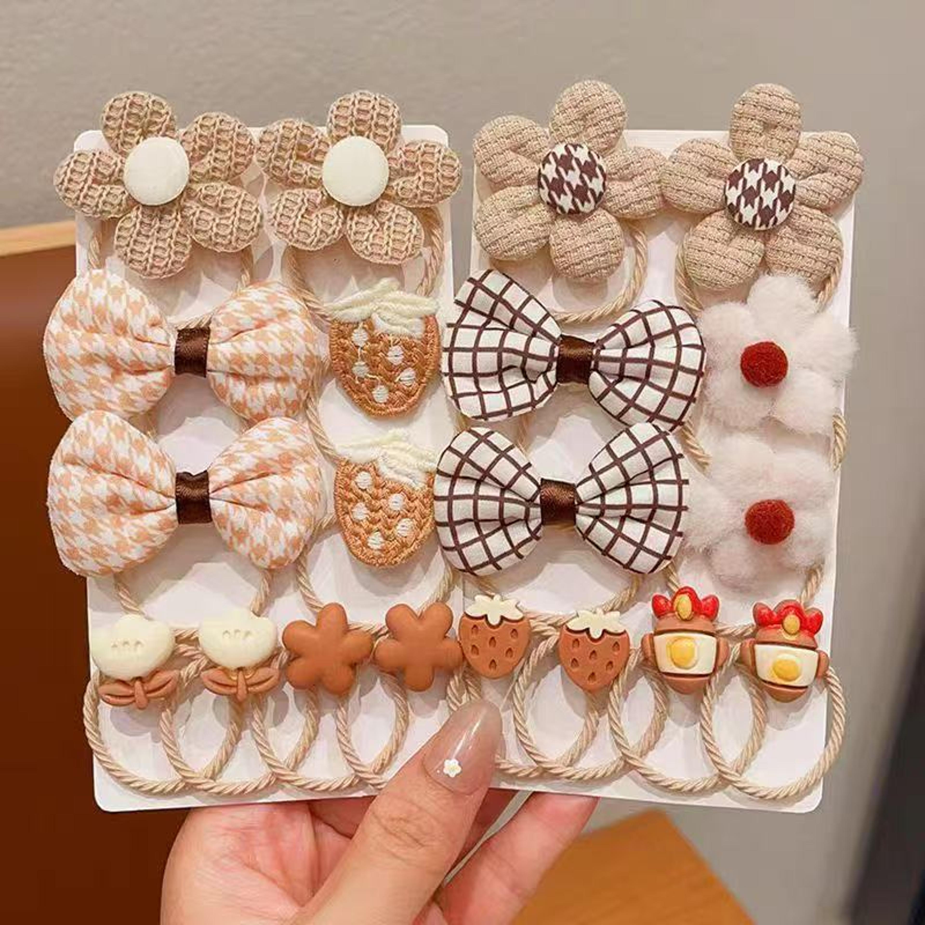 girls elastic hair tie – milk coffee floral nylon hair band with y2k style