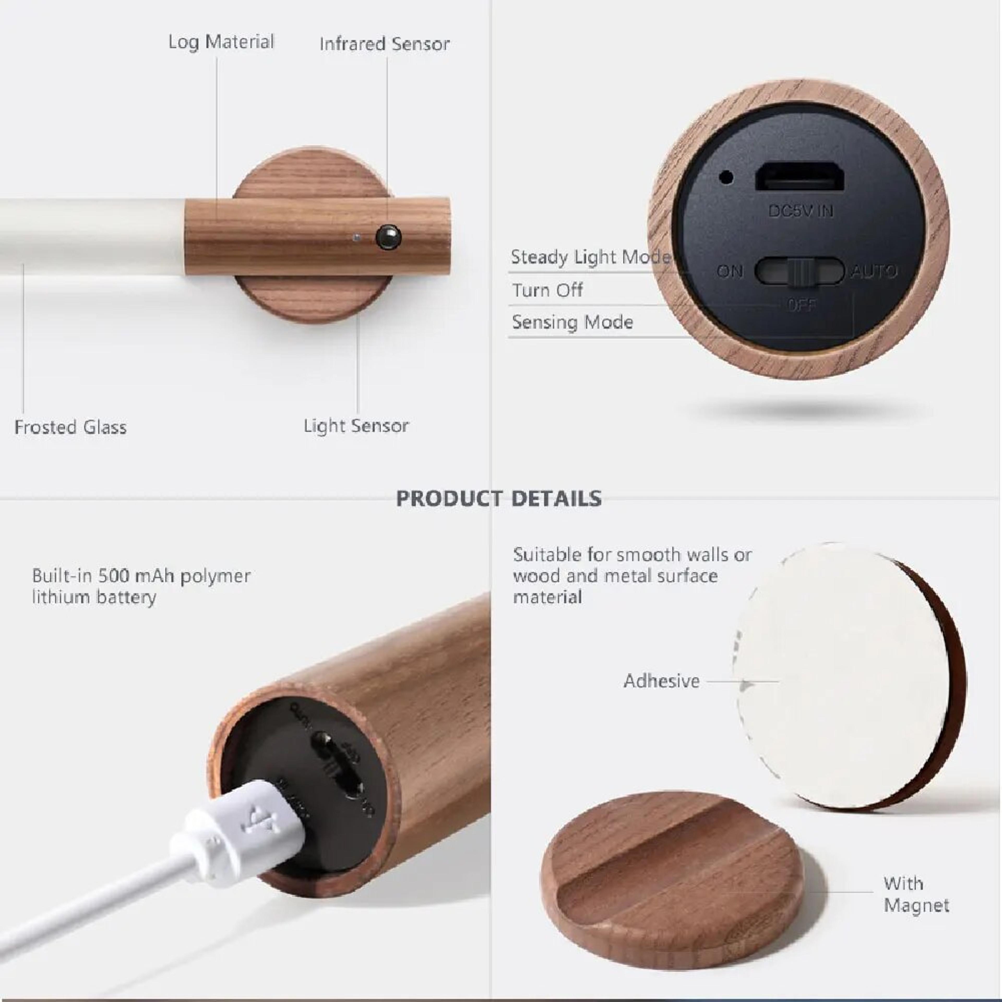 LED Motion Sensor Night Light  Rechargeable Dimmable Wooden Wall Lamp 6
