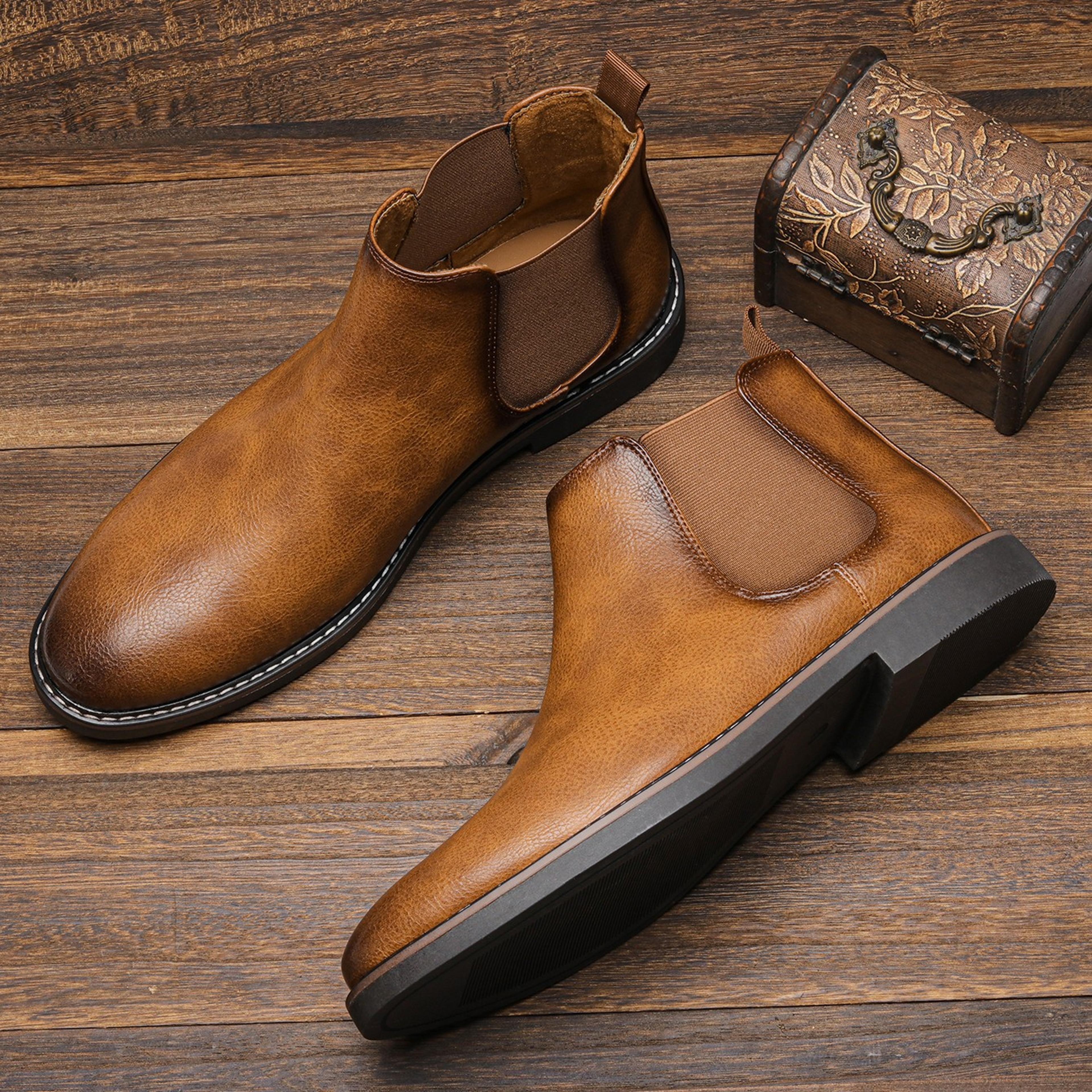 Mens Chelsea Boots  Retro British Style Square Toe SlipOn Ankle Boots 9