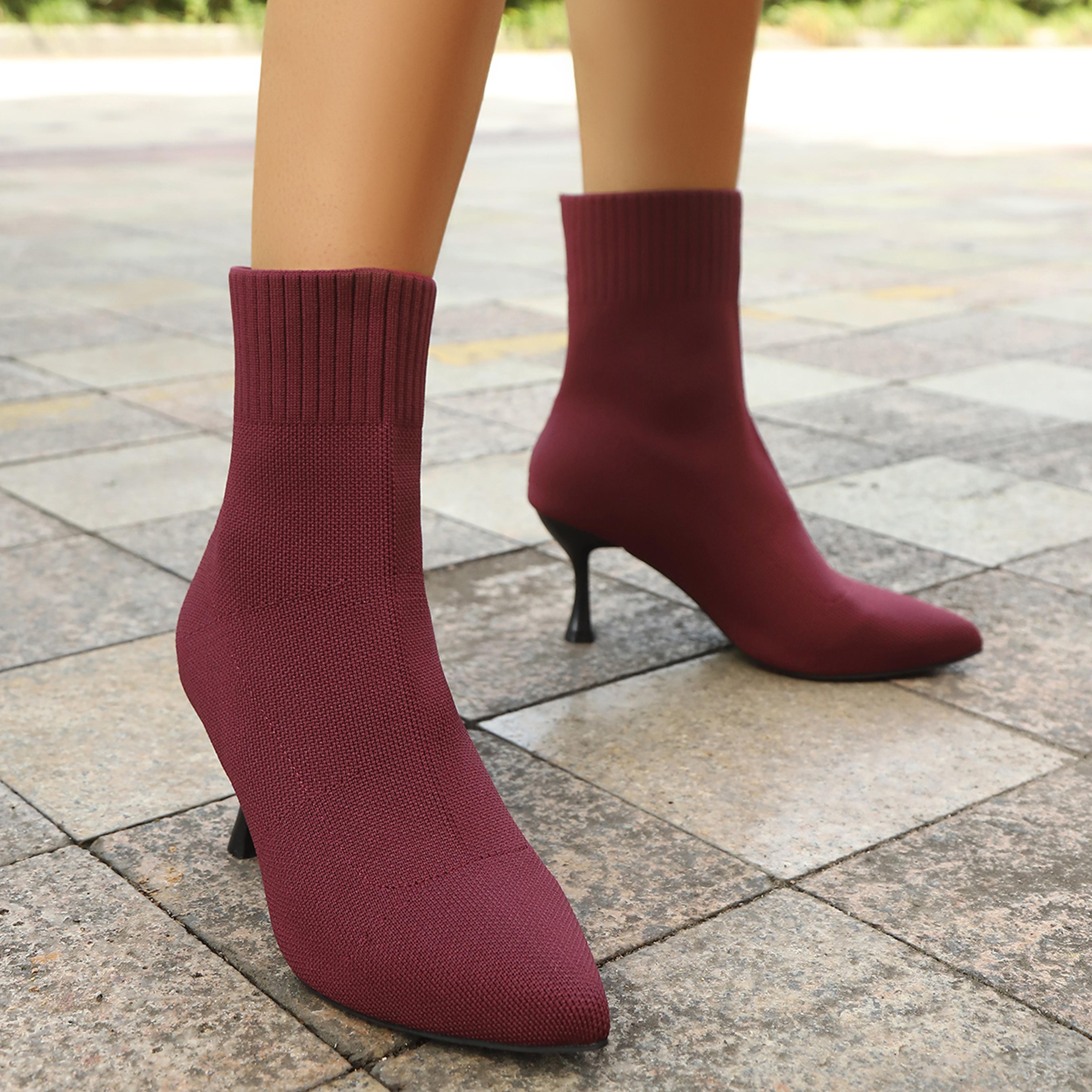 Womens Pointed Toe High Heel Boots  Stretch Fabric SlipOn MidCalf Boots 8