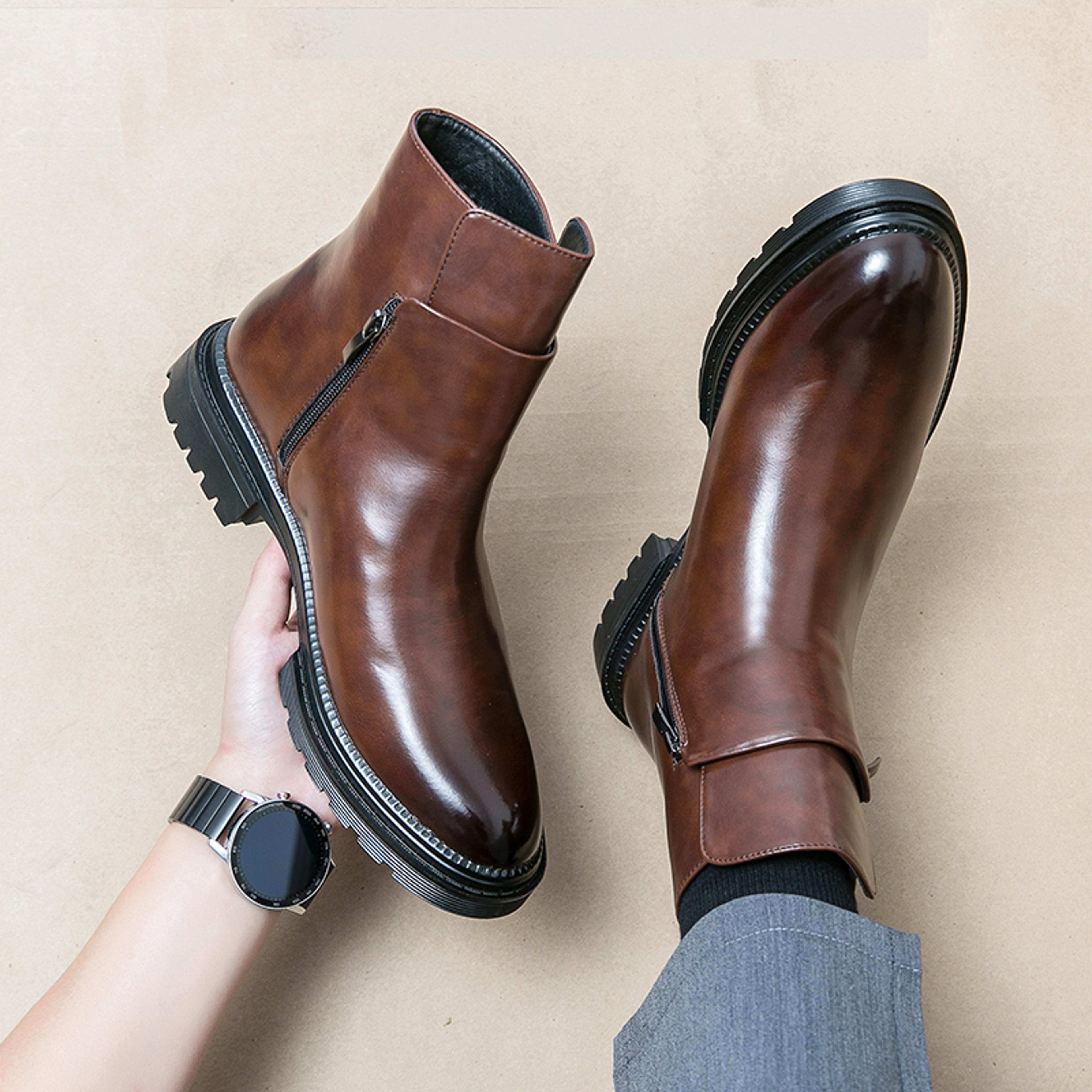Mens Waterproof Leather Chelsea Boots With Zipper Closure And Low Heel 4