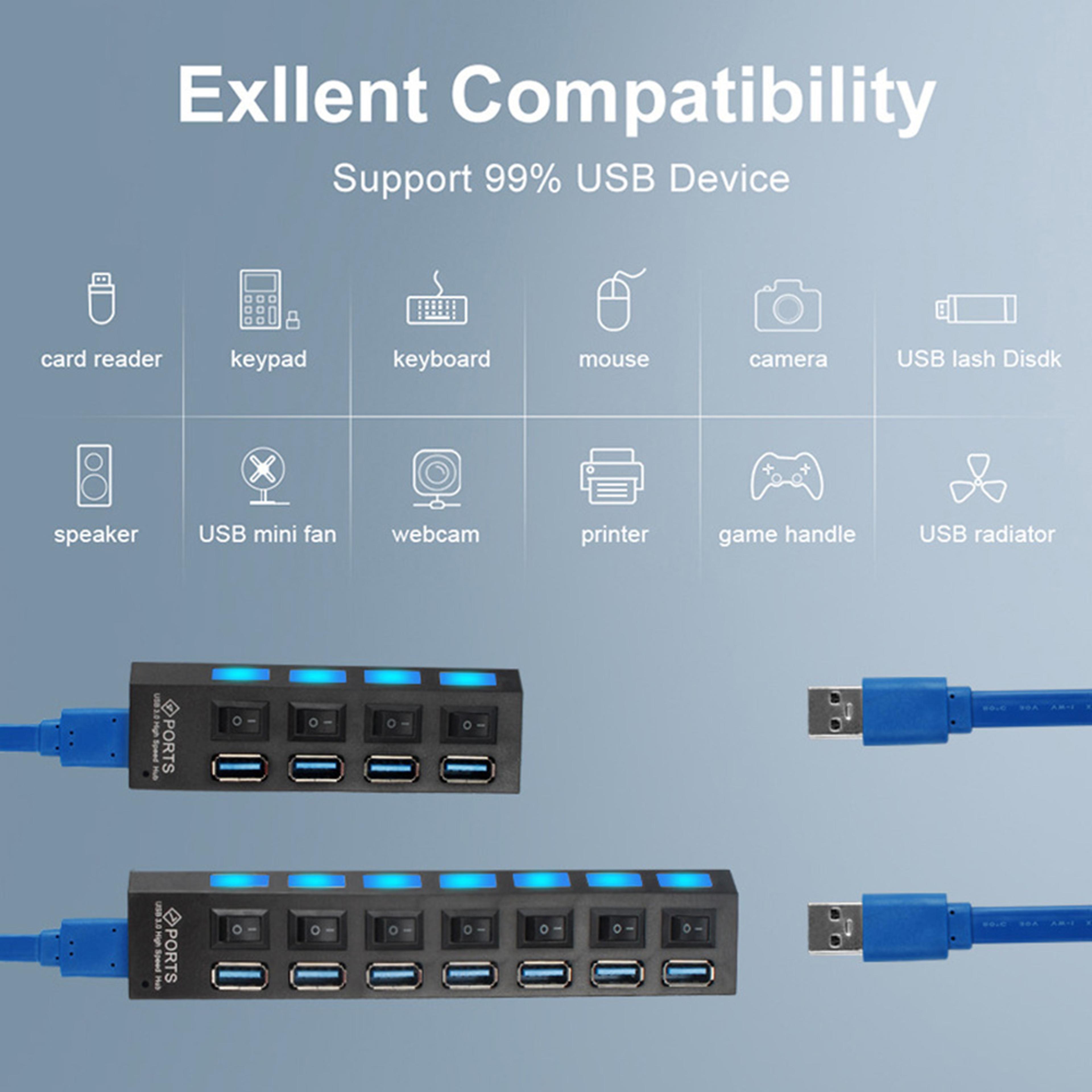 USB 30 Hub With 4 Or 7 Ports  Multiport USB Splitter With Power Adapter And Switch 3