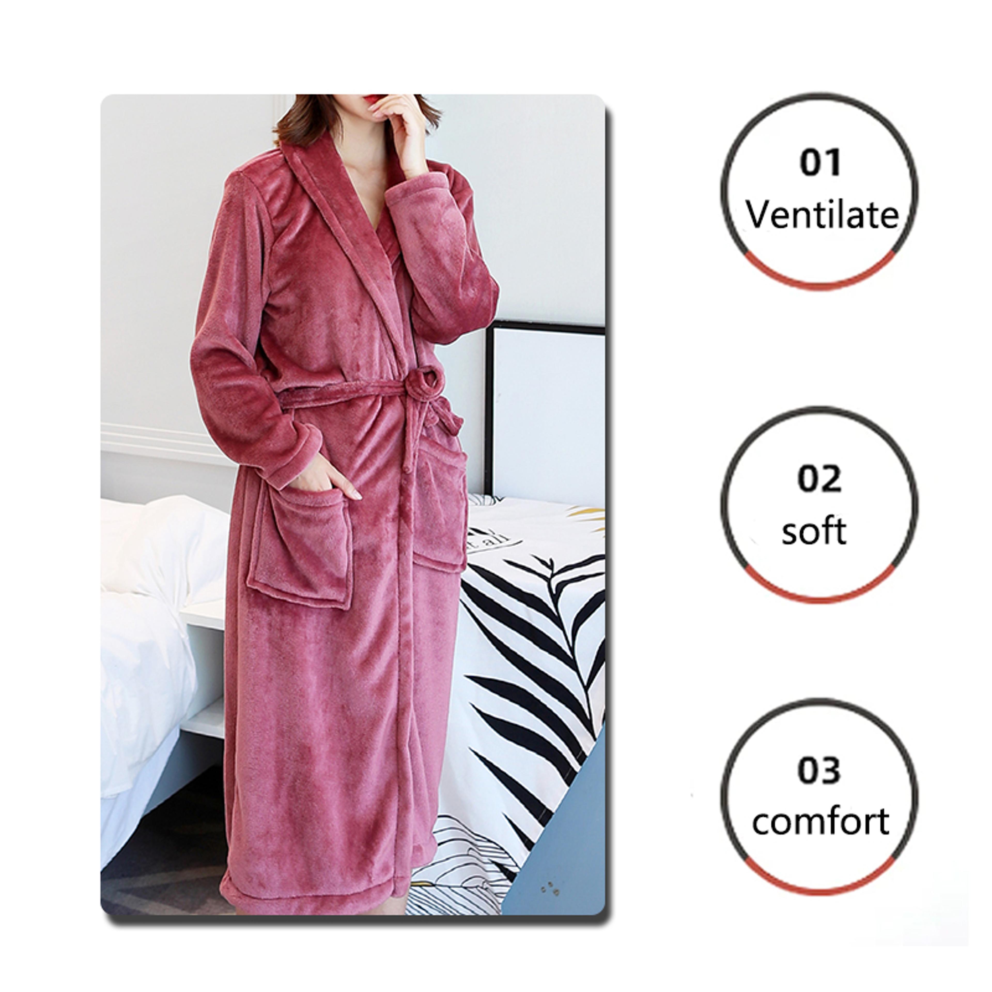 Womens Thick Flannel Robe  Soft Long Sleeve MidCalf Winter Bathrobe 3