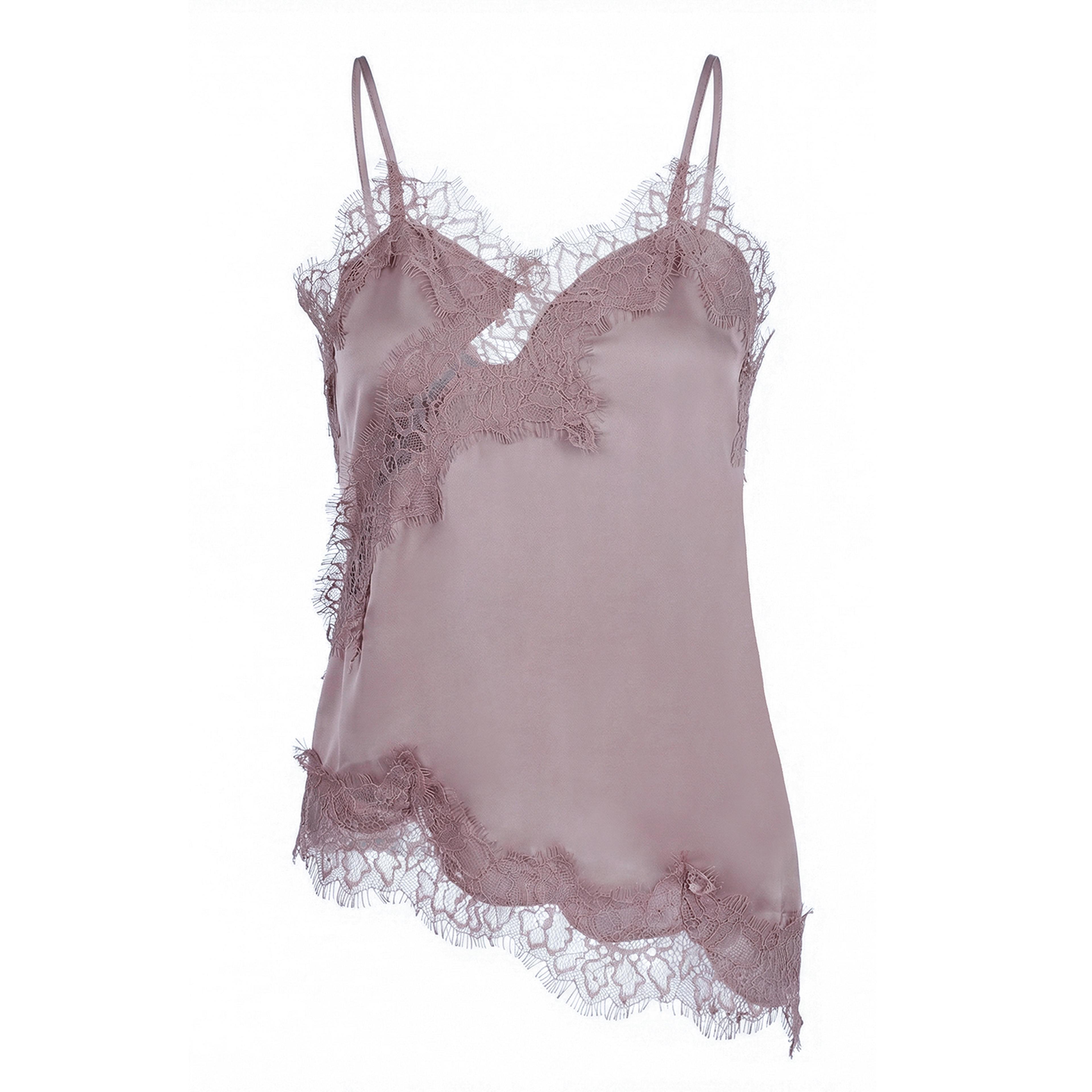 Womens Lace Trim Cami Top With Spaghetti Straps And Asymmetrical High Low Hem 11