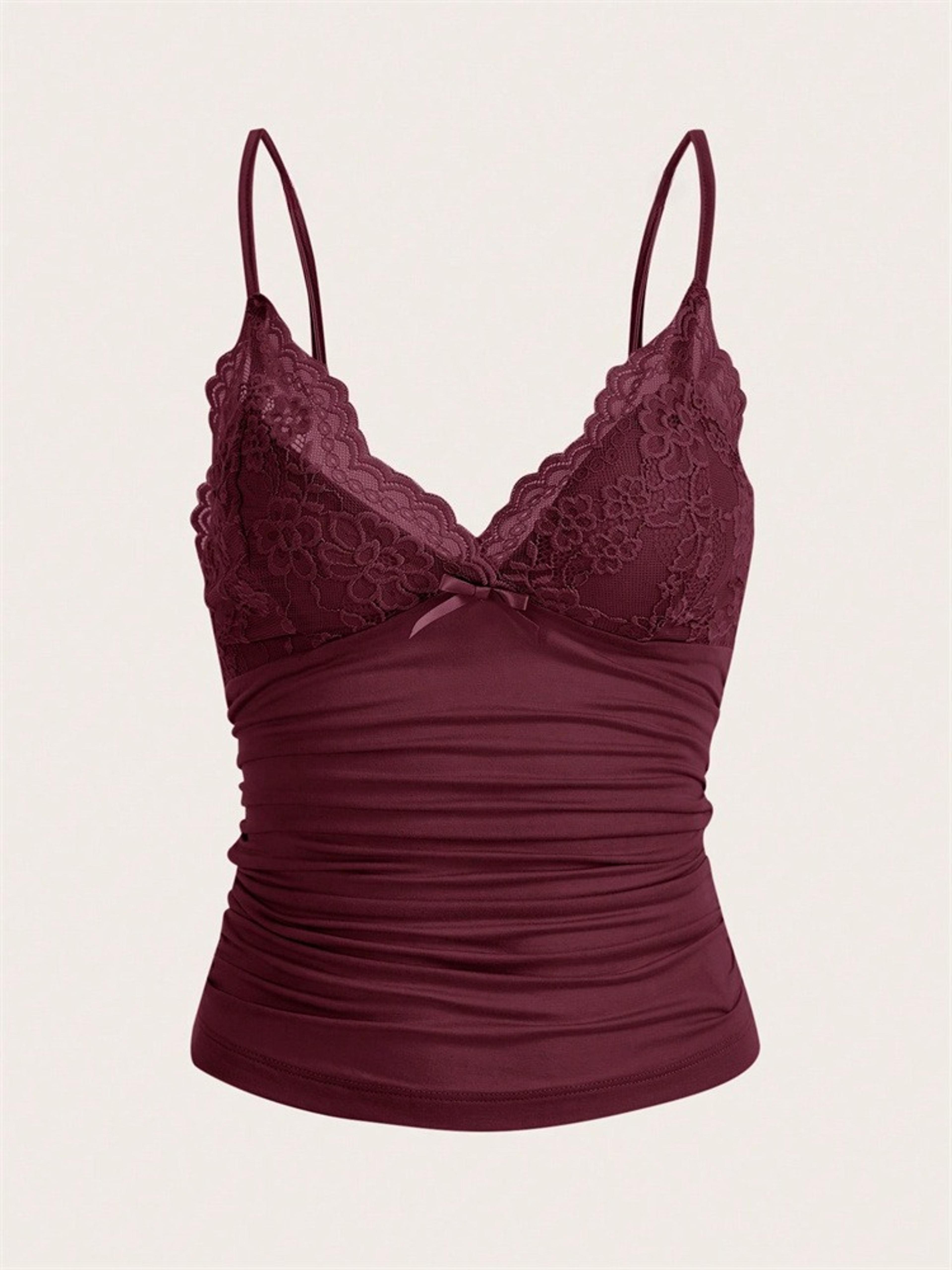 Womens Lace Trim Crop Cami Top With Bow Front And Ruched Backless Y2K Design 7
