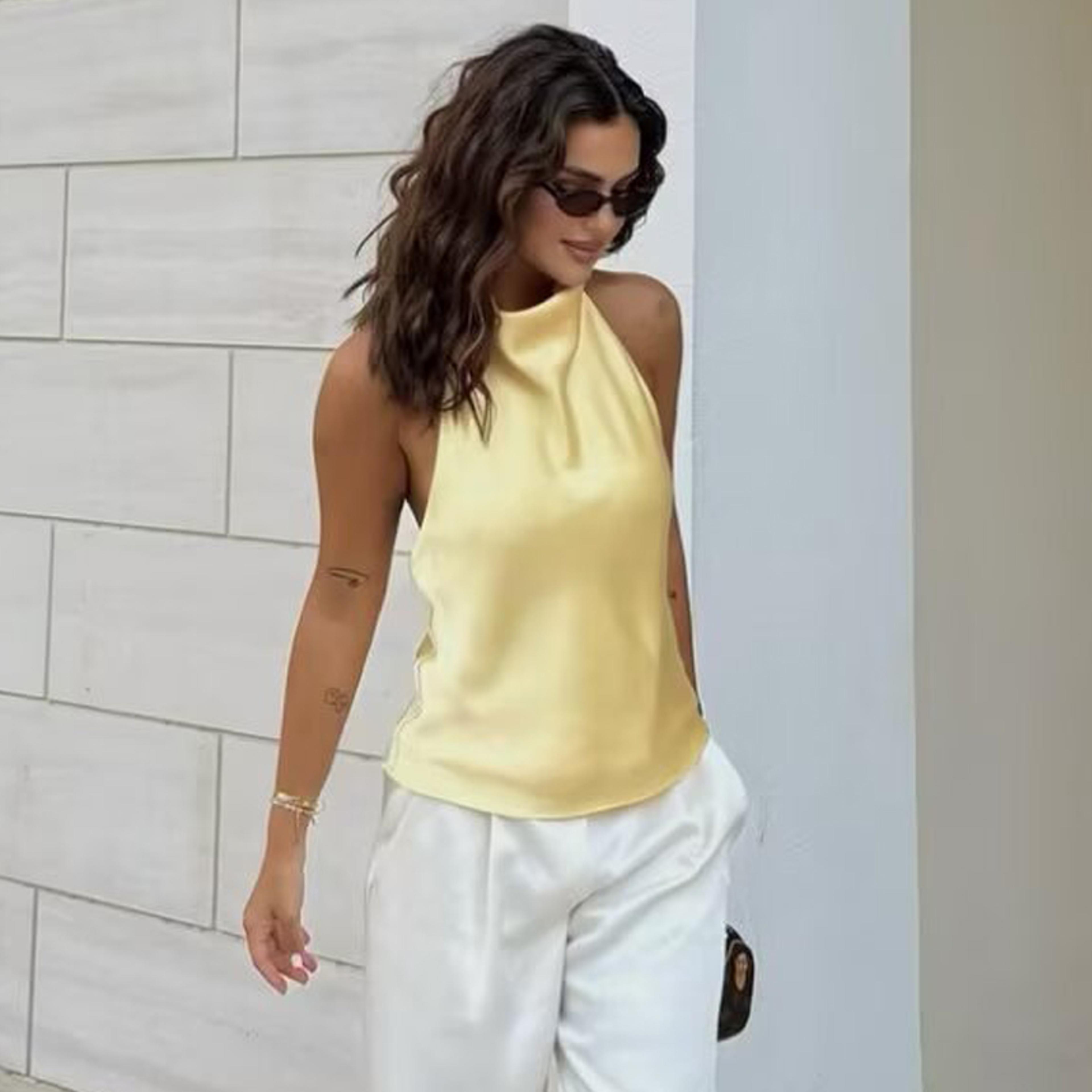 Womens Satin Halter Backless Top  Elegant Sleeveless Party Tank Top 3
