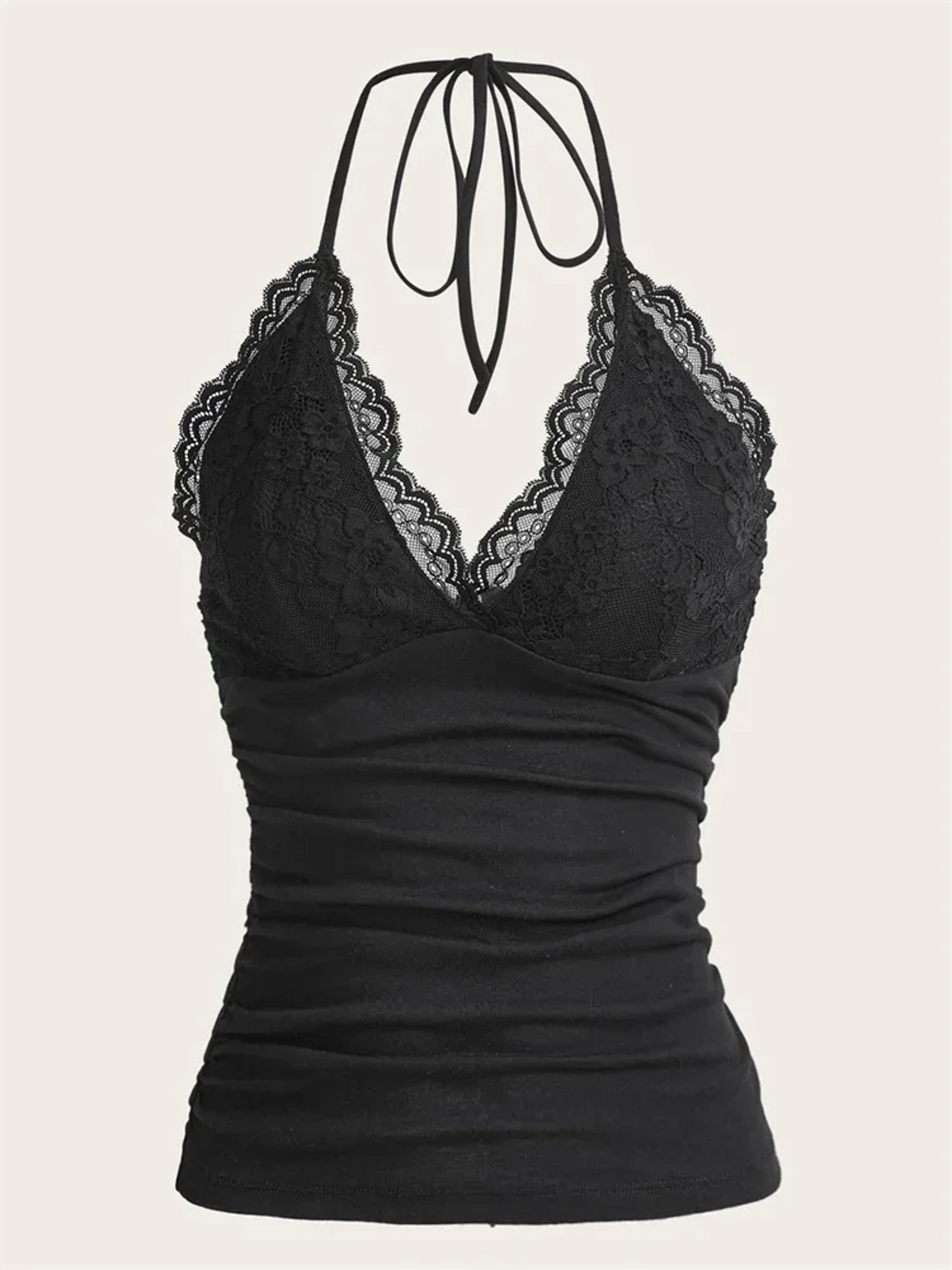 women's lace v-neck halter crop top – backless ruched y2k cami for summer