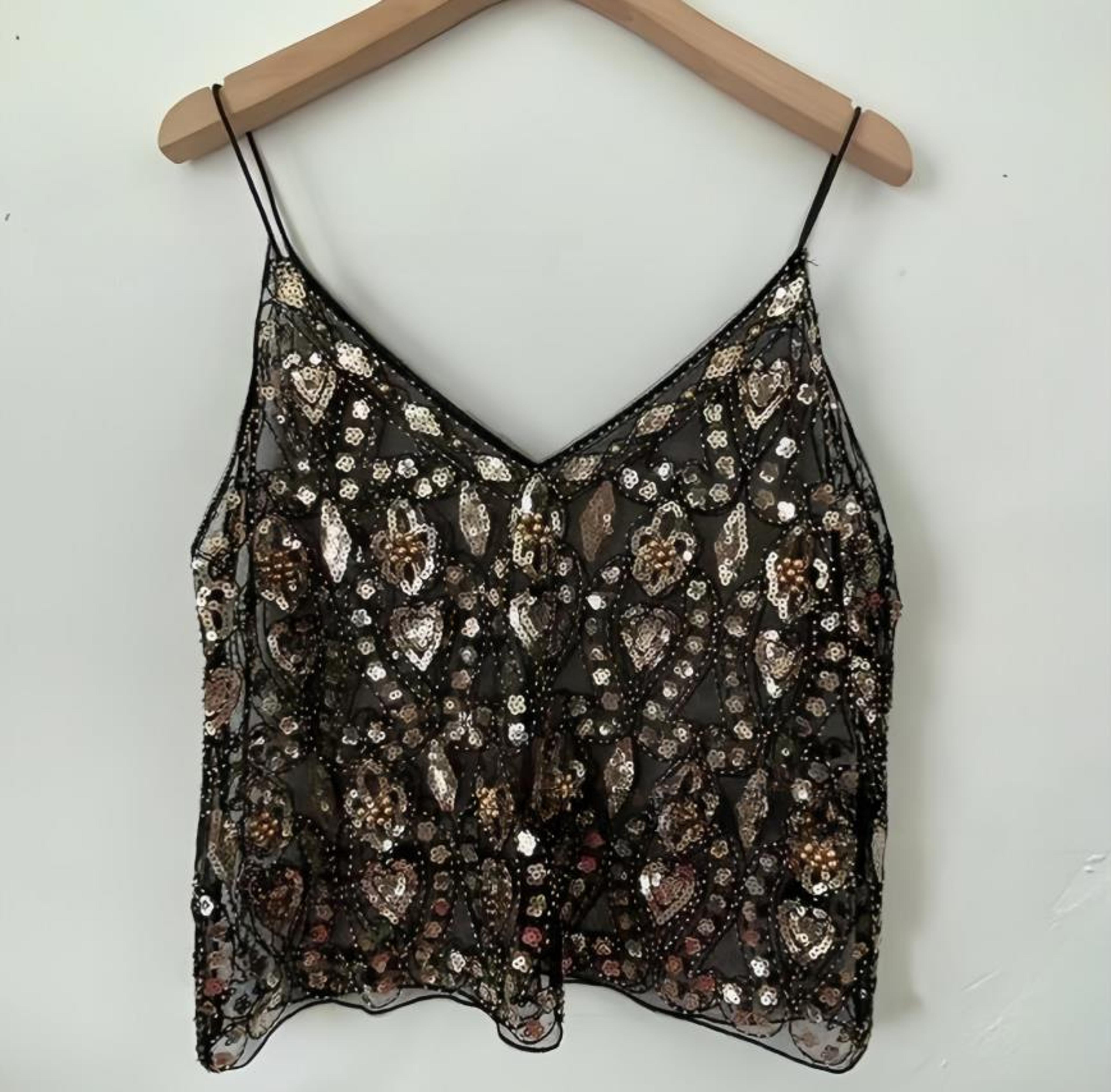 Womens Floral Sequin Camisole Top  Sleeveless V Neck Open Back Summer Tank 1