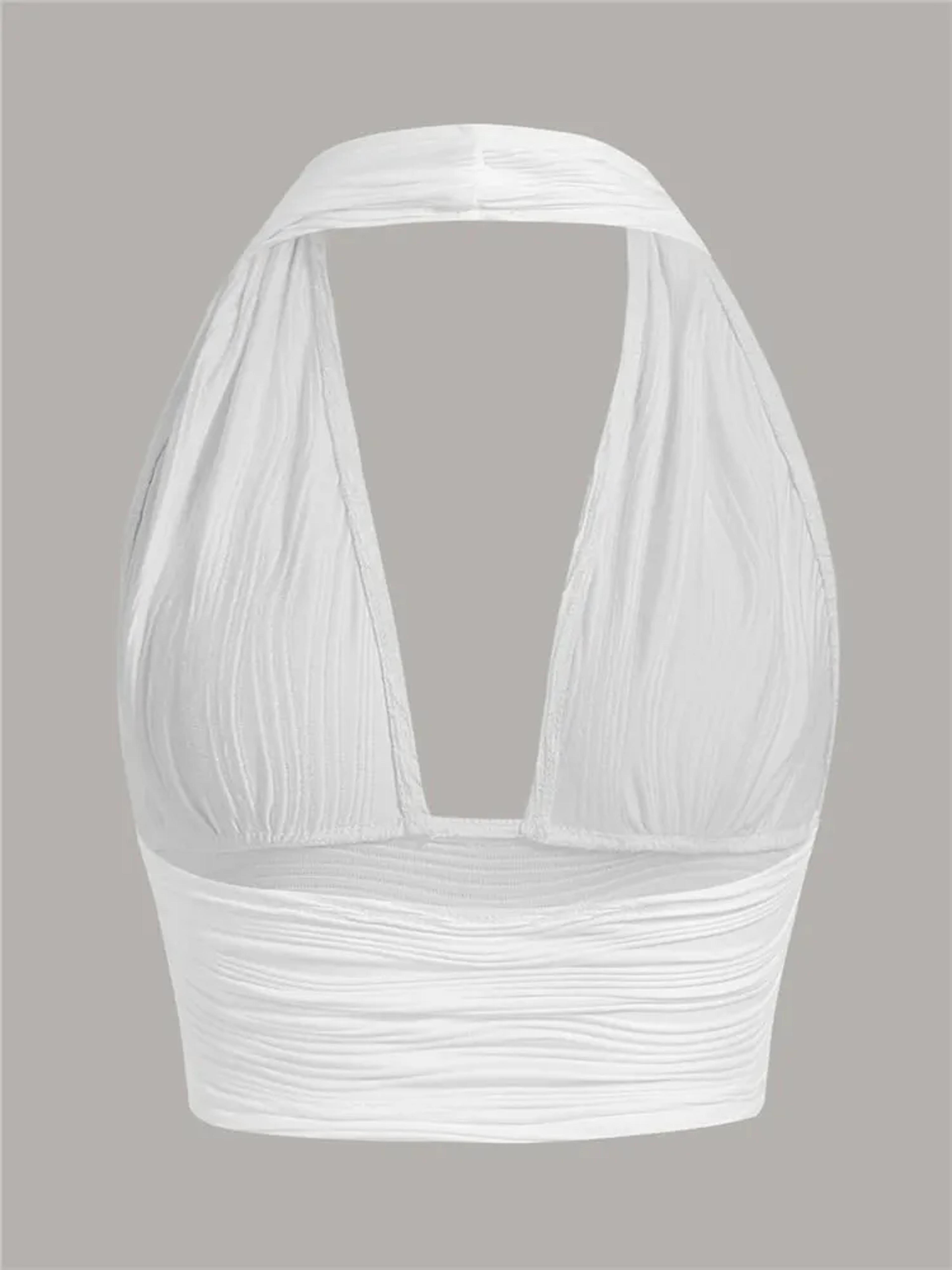 Womens White Backless Halter Crop Top  Deep VNeck Y2K Summer Streetwear 2