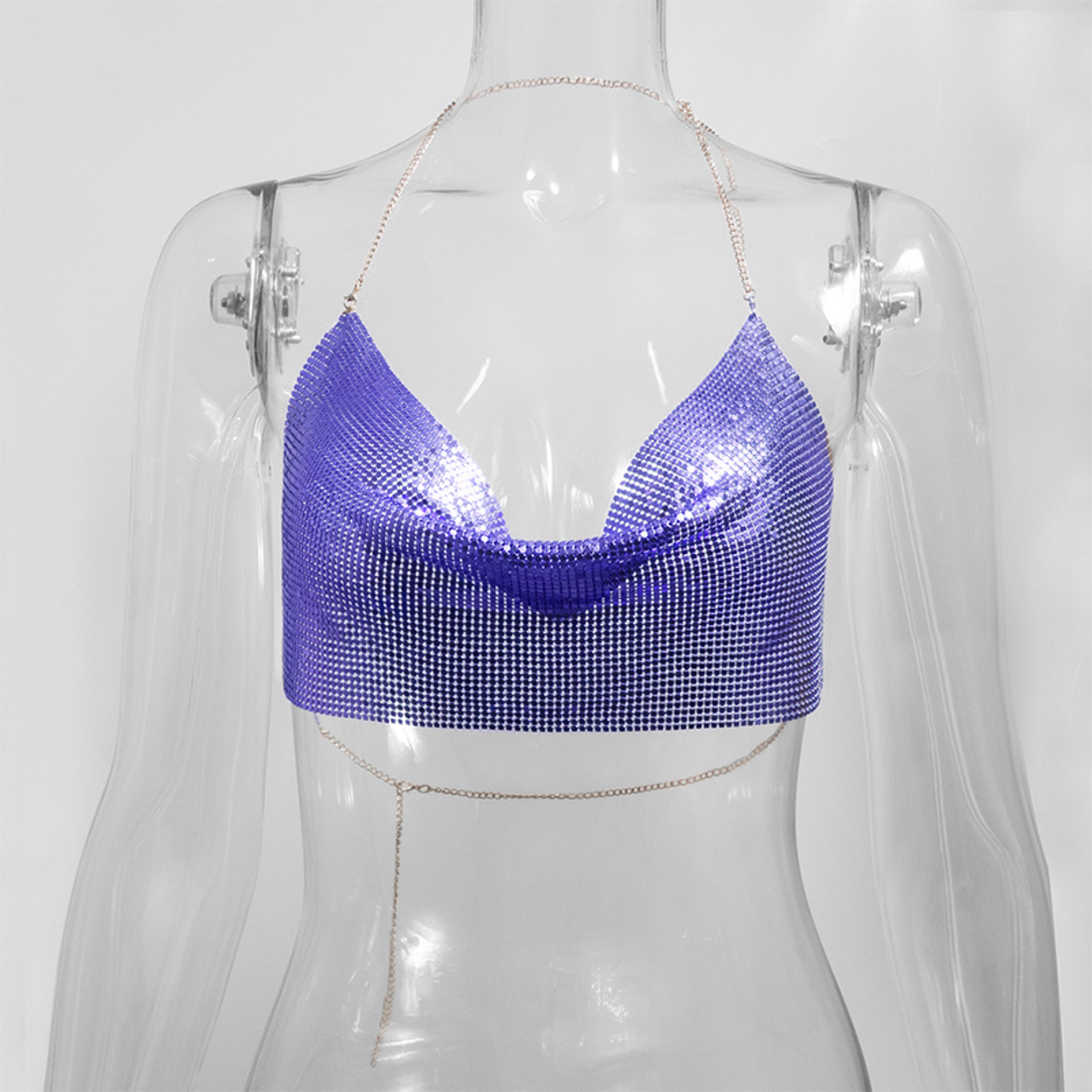 Womens Metallic Halter Crop Top  Backless Sequin Party And Clubwear Camisole 12